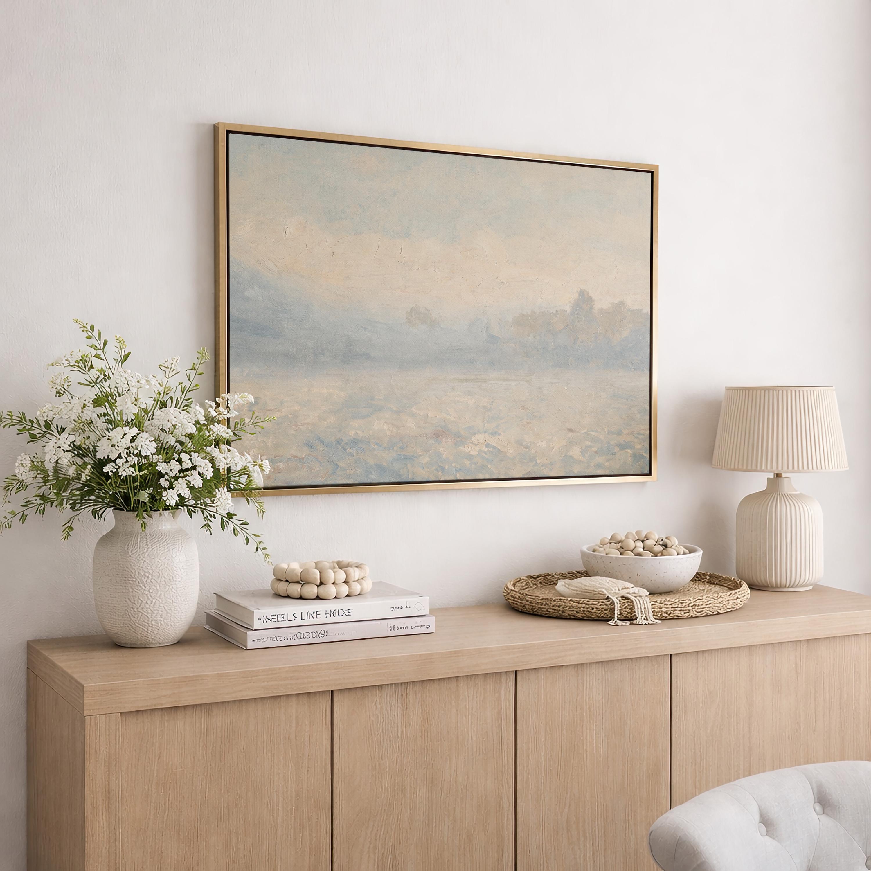 Powder Blue Landscape Wall Art | Blue Ivory Painting | Coastal Farmhouse Art | Bedroom Living Room Wall Decor | P0014
