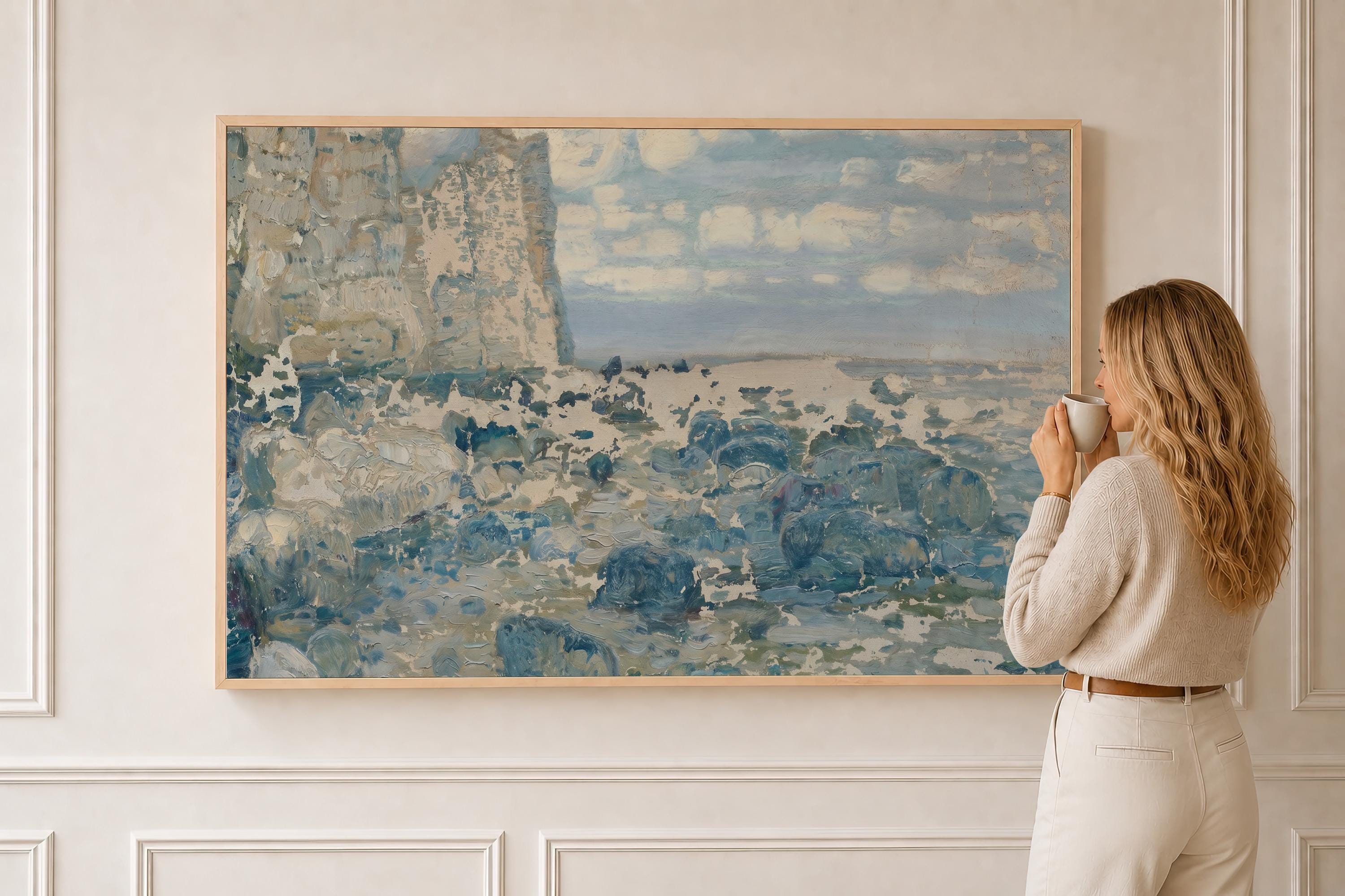 Coastal Cliff Wall Art Print | Blue Seascape Painting | Ocean Landscape Decor | Neutral Beach House Artwork | Coastal Wall Art | P0007
