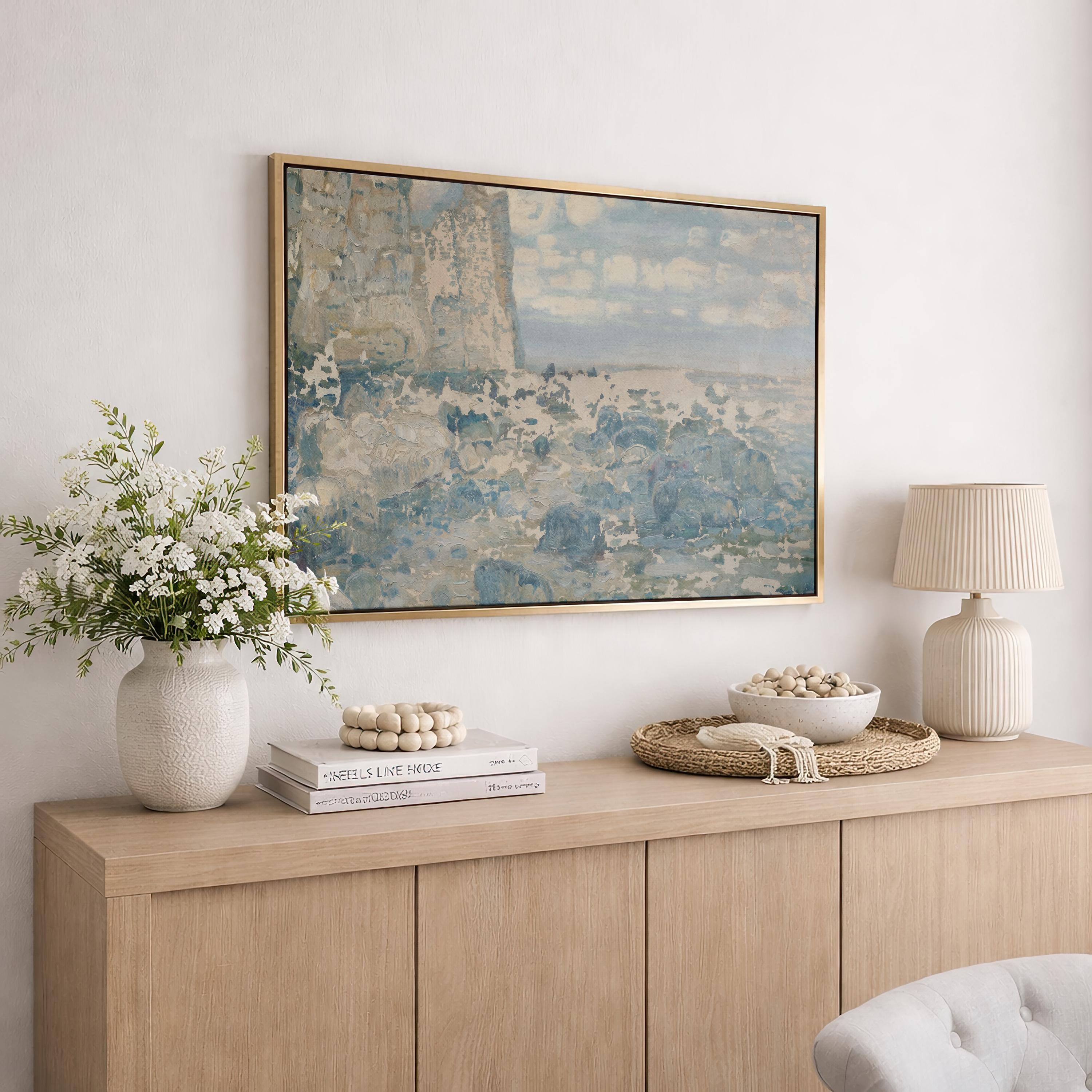 Coastal Cliff Wall Art Print | Blue Seascape Painting | Ocean Landscape Decor | Neutral Beach House Artwork | Coastal Wall Art | P0007