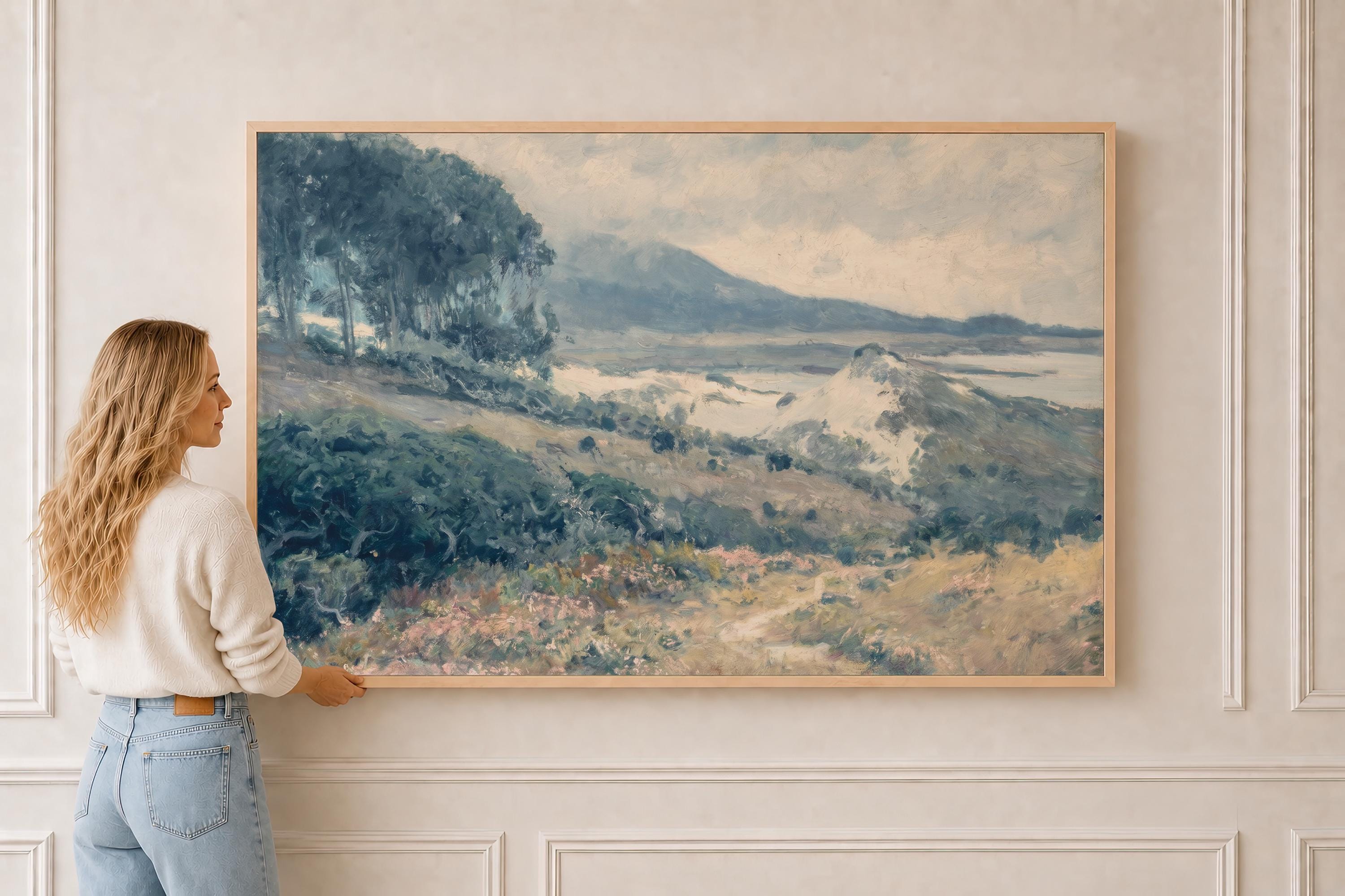 Blue Landscape Wall Art Print | Mountain Meadow Painting | Traditional Landscape Artwork | Living Room Wall Art | P0015