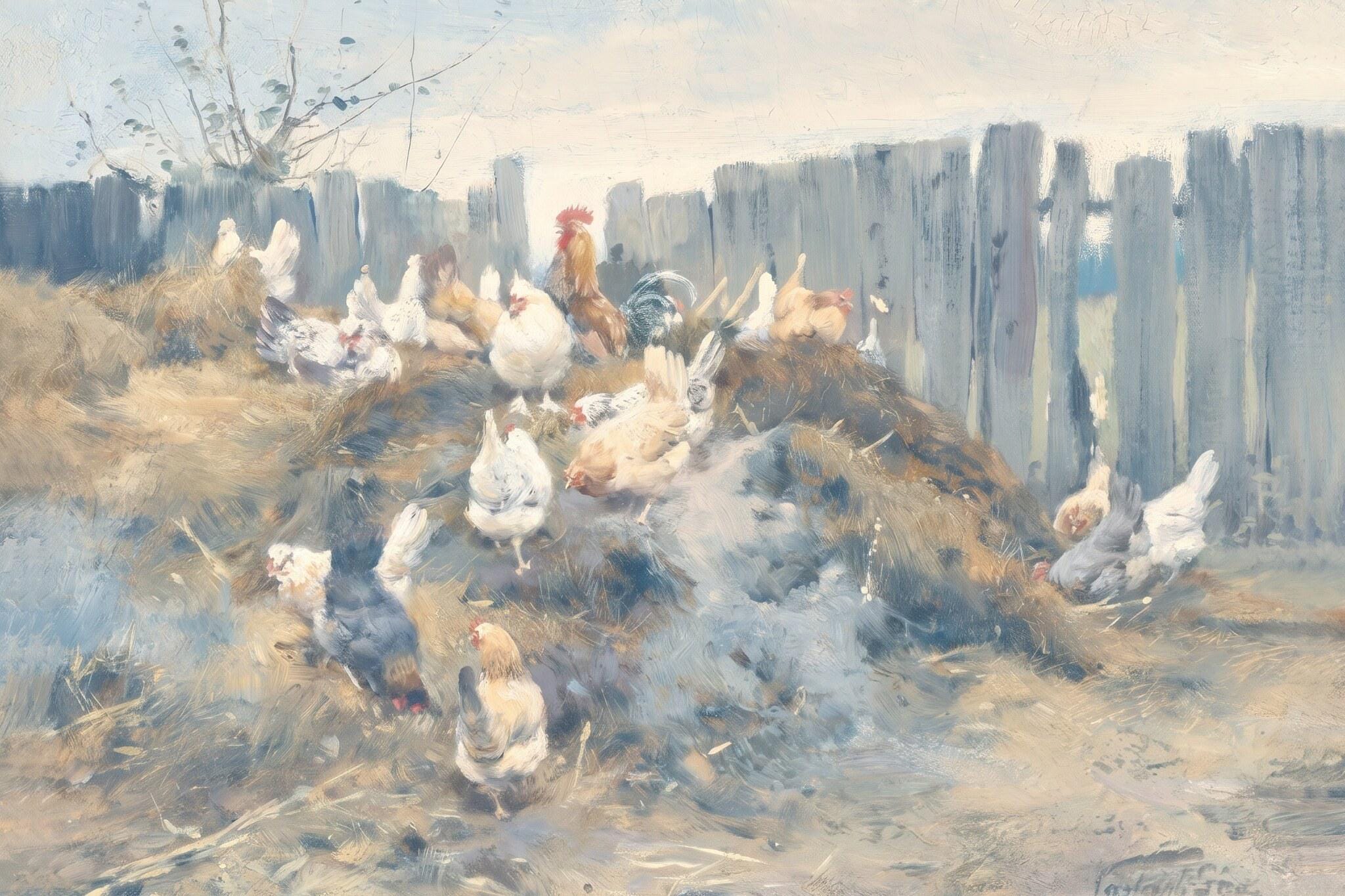 Soft Blue Farmhouse Wall Art | Vintage Chicken Painting Print | Neutral Rustic Country Decor | P0036