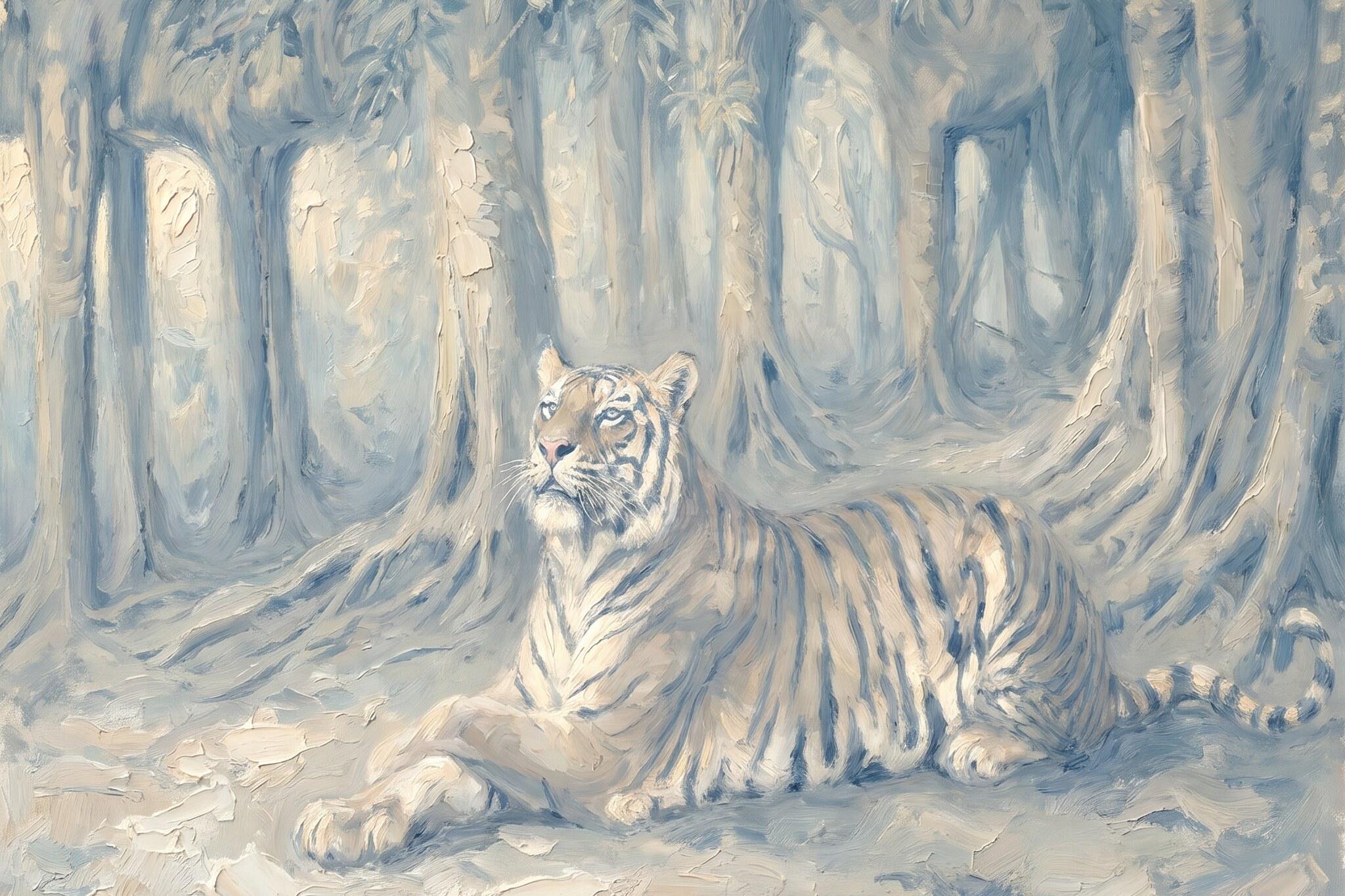 White Tiger Wall Art Print | Vintage Wildlife Decor | Misty Forest Animal Artwork | Neutral Nature Wall Art | P0042