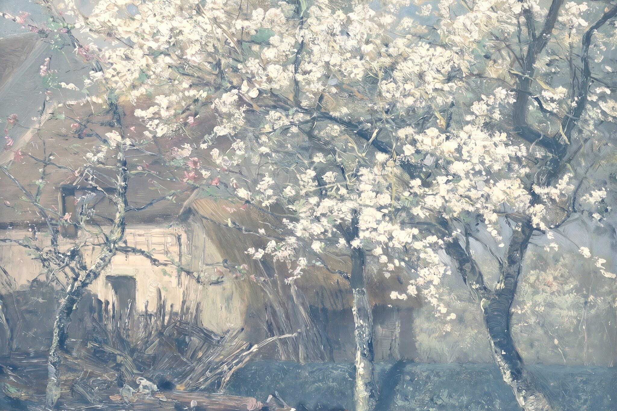 Vintage Spring Blossom Wall Art | Soft Blue Cottagecore Landscape Print | Antique Neutral Decor | P0023