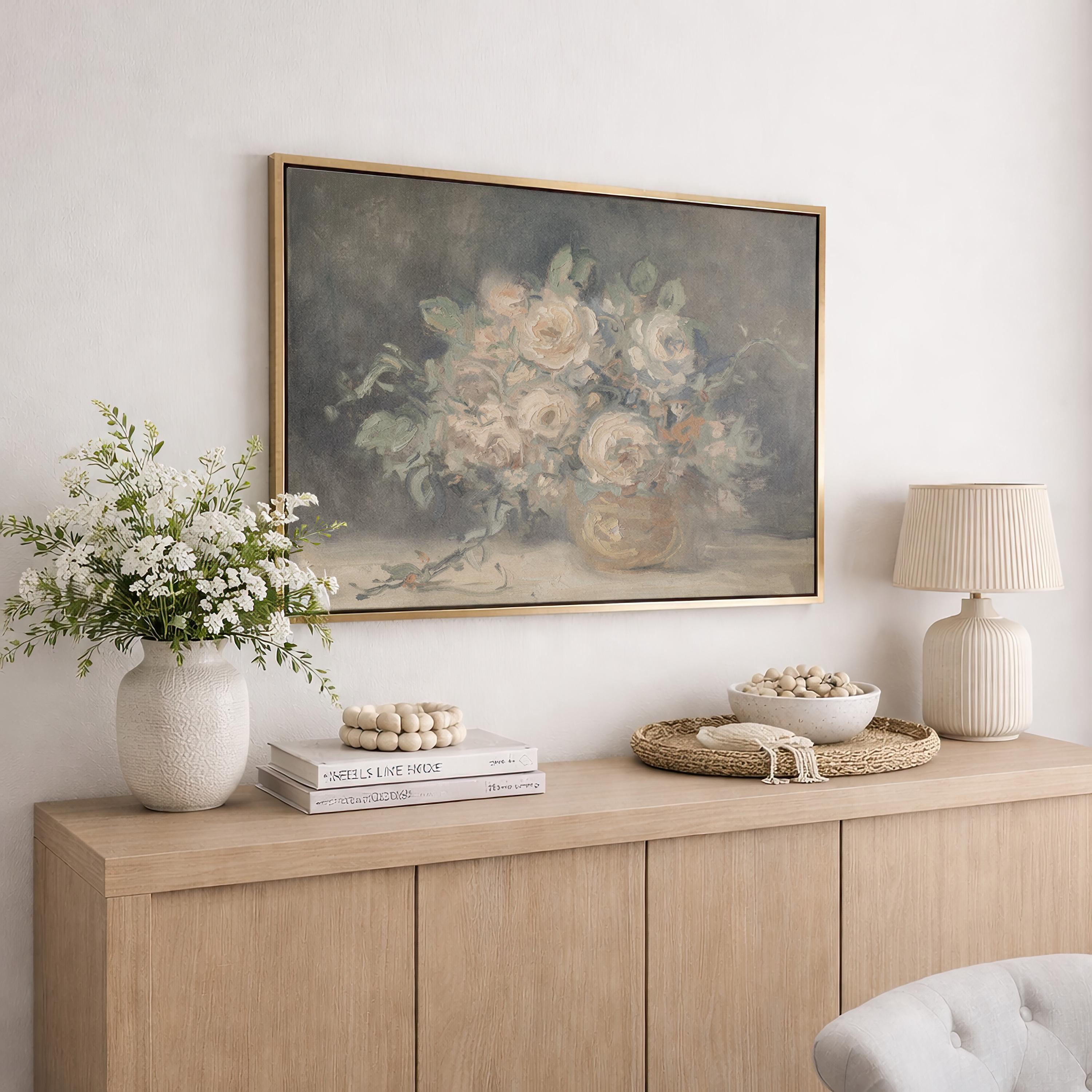 Vintage Floral Oil Wall Art | Moody Neutral Bouquet Painting | Antique Cream Rose Still Life Print | A0012