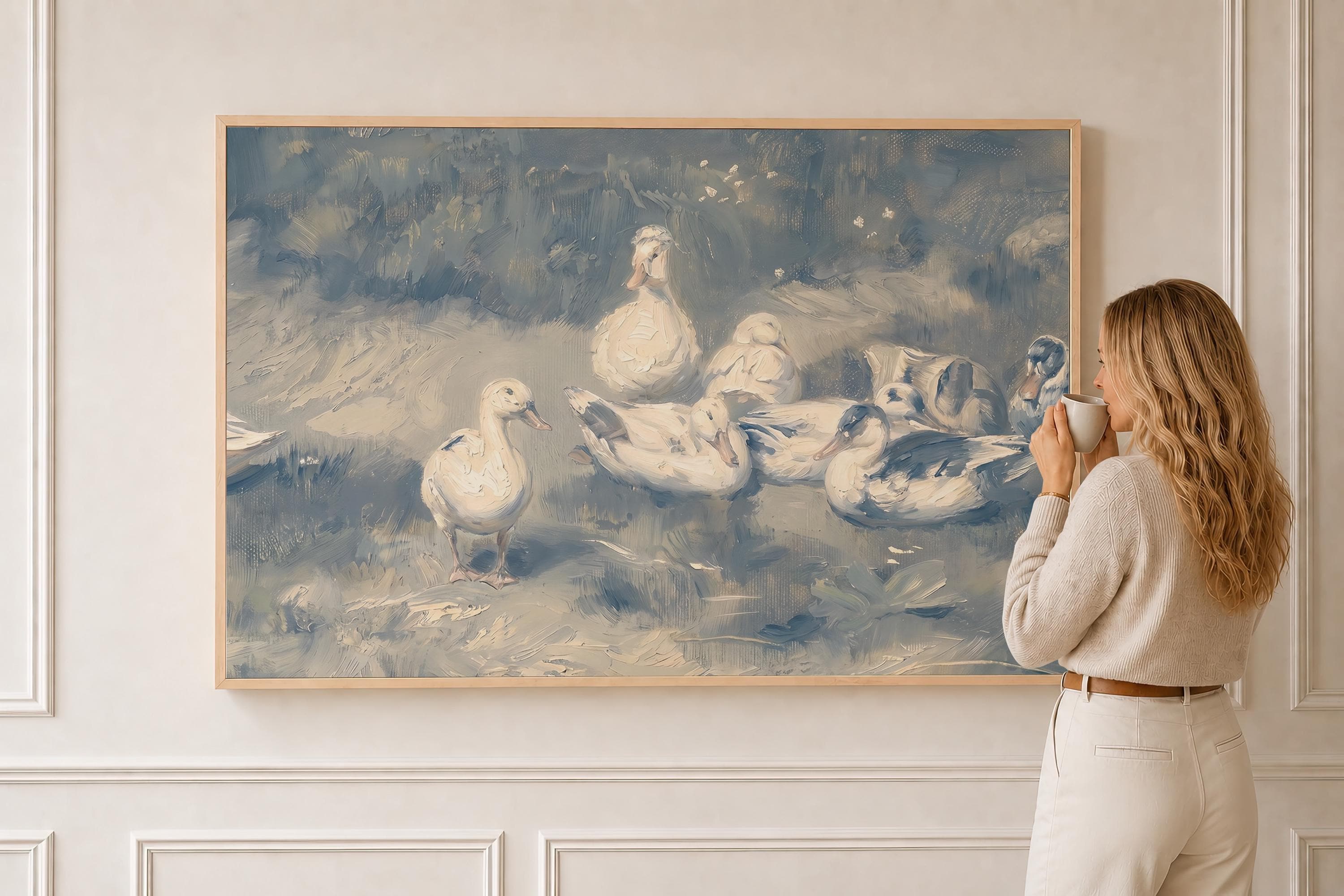 Antique Duck Painting Print | Vintage Neutral Bird Wall Art | Moody Blue Grey Cottage Decor | P0040