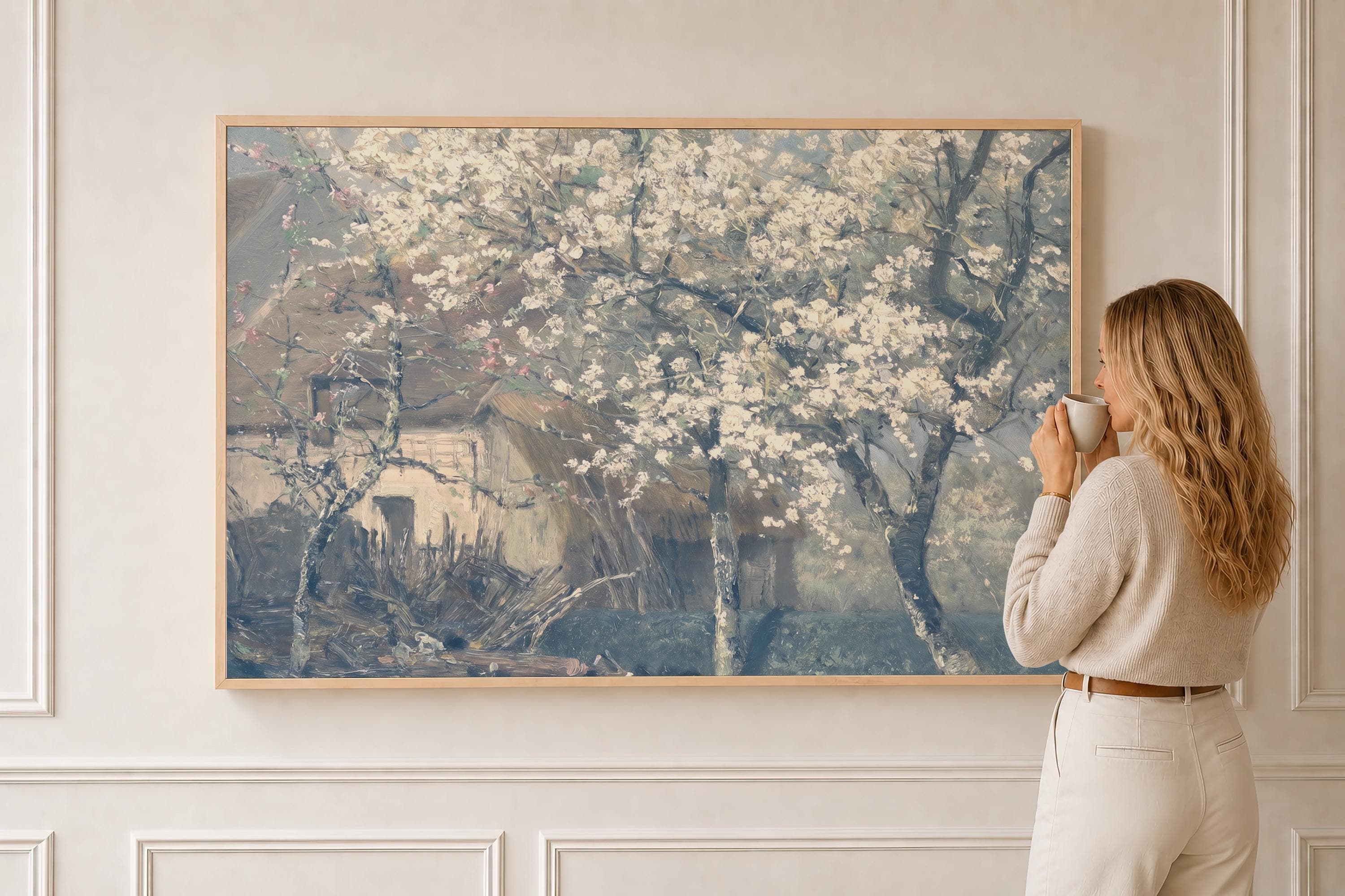 Vintage Spring Blossom Wall Art | Soft Blue Cottagecore Landscape Print | Antique Neutral Decor | P0023