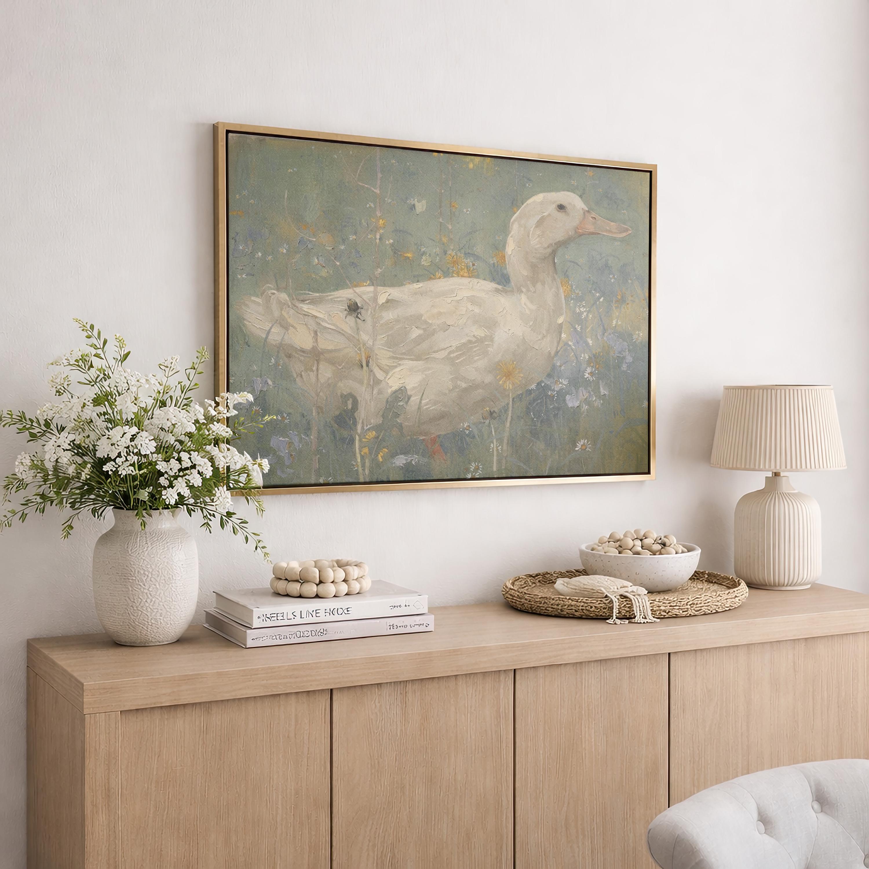 Soft Sage Duck Wall Art | Vintage Cottage Farm Painting | Neutral Country Canvas Print | A0023