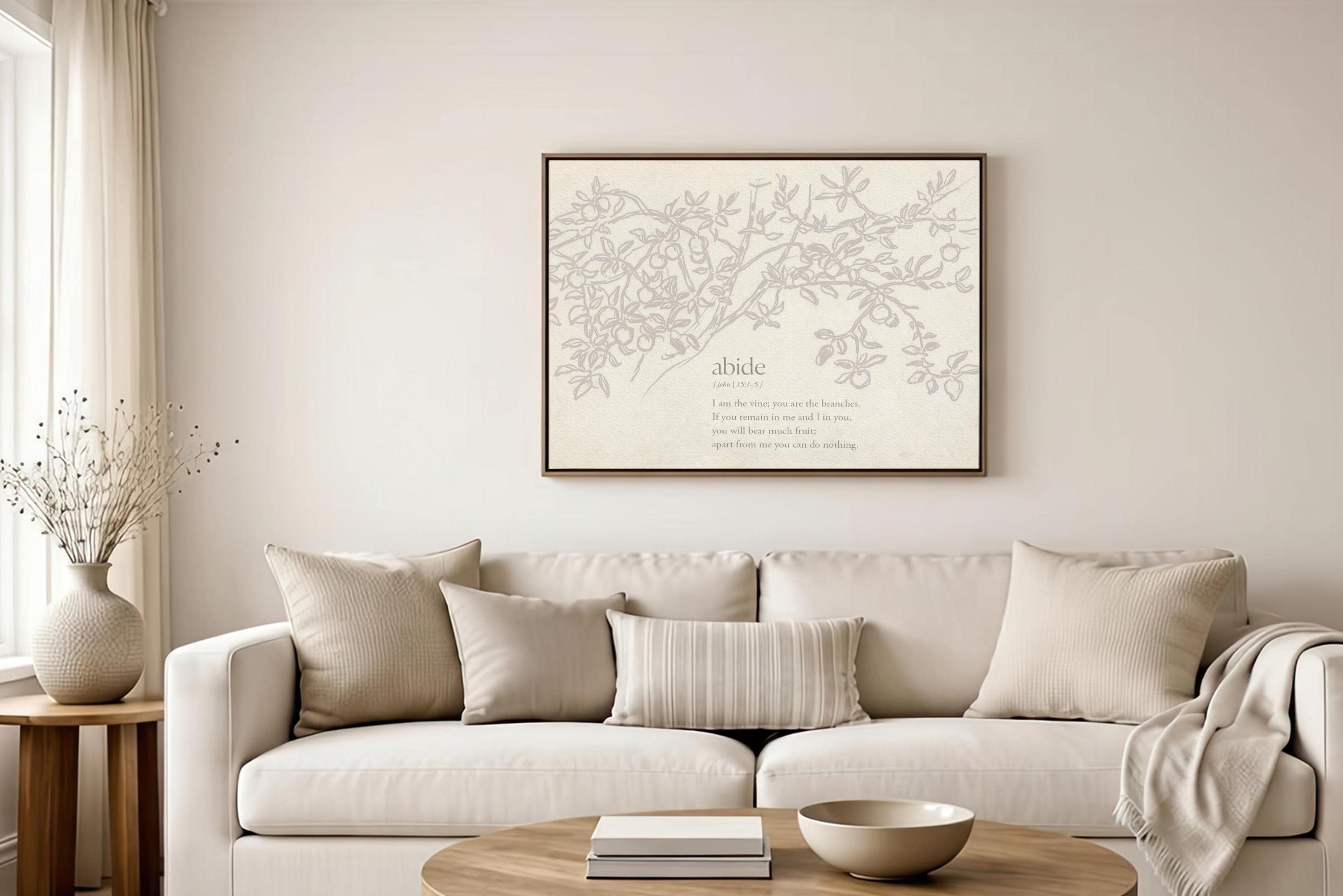 Abide Scripture Wall Art, John 15:1–5 Bible Verse Print, I Am the Vine You Are the Branches Artwork, Neutral Christian Home Decor - FG413