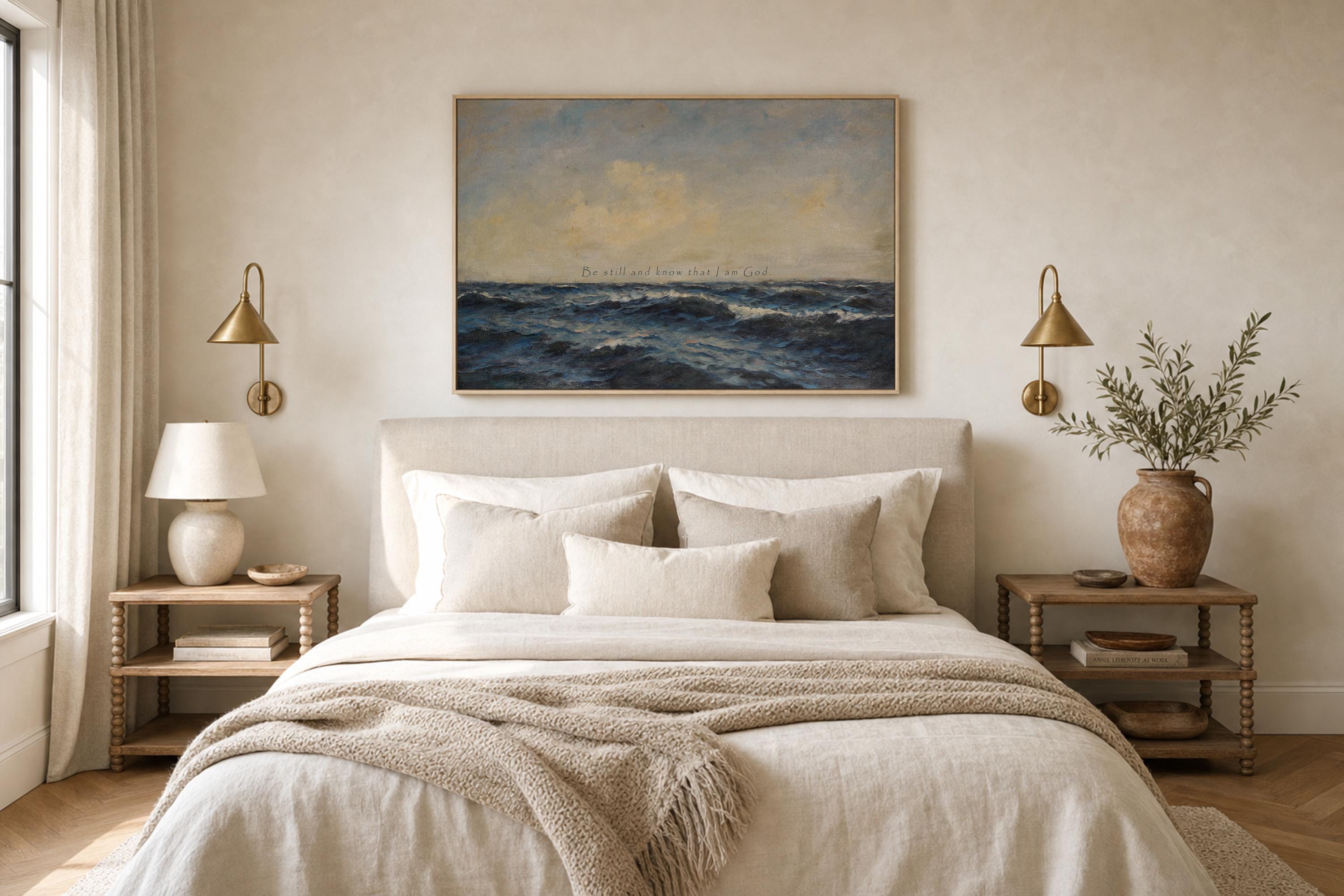 Be Still and Know Ocean Wall Art – Psalm 46:10 Scripture Print Coastal Christian Decor – Blue Beach Faith Art – Bedroom Decor – FG416