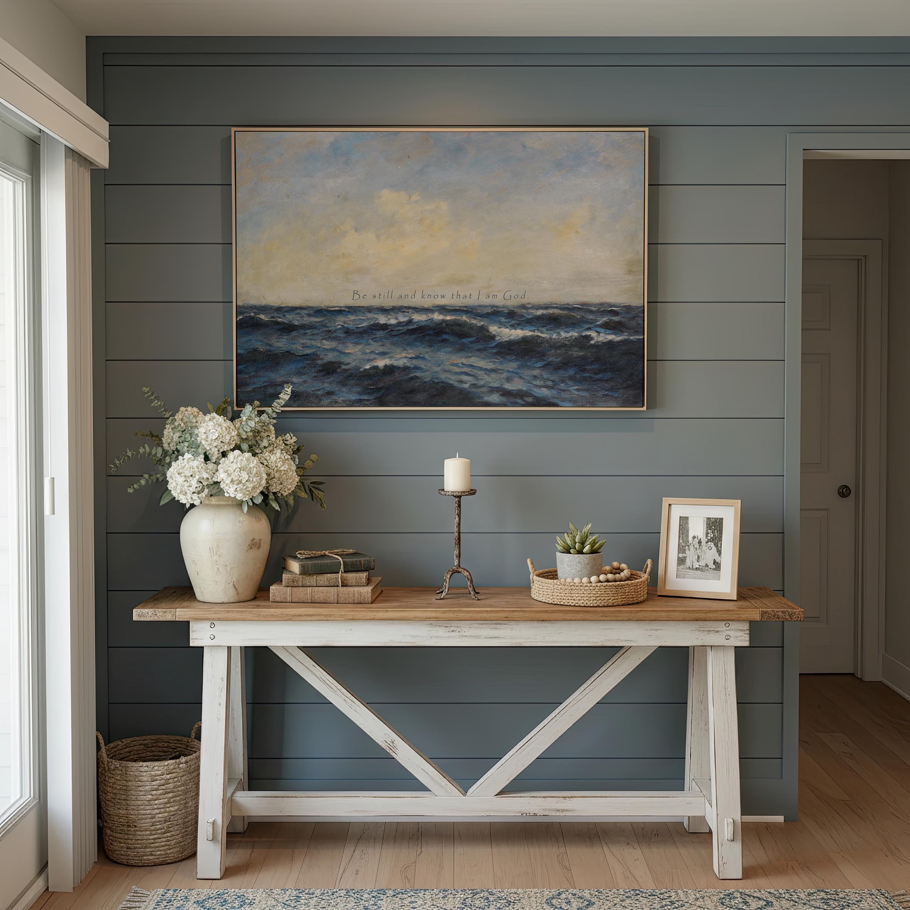 Be Still and Know Ocean Wall Art – Psalm 46:10 Scripture Print Coastal Christian Decor – Blue Beach Faith Art – Bedroom Decor – FG416