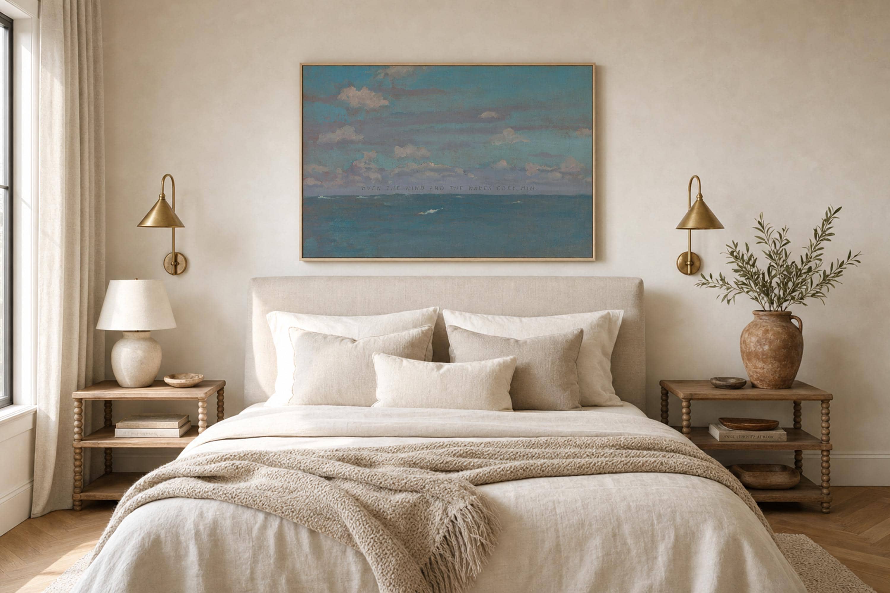Even the Wind and Waves Obey Him, Christian Ocean Wall Art, Bible Verse Coastal Print, Neutral Beach Decor, Faith Wall Art, FG419
