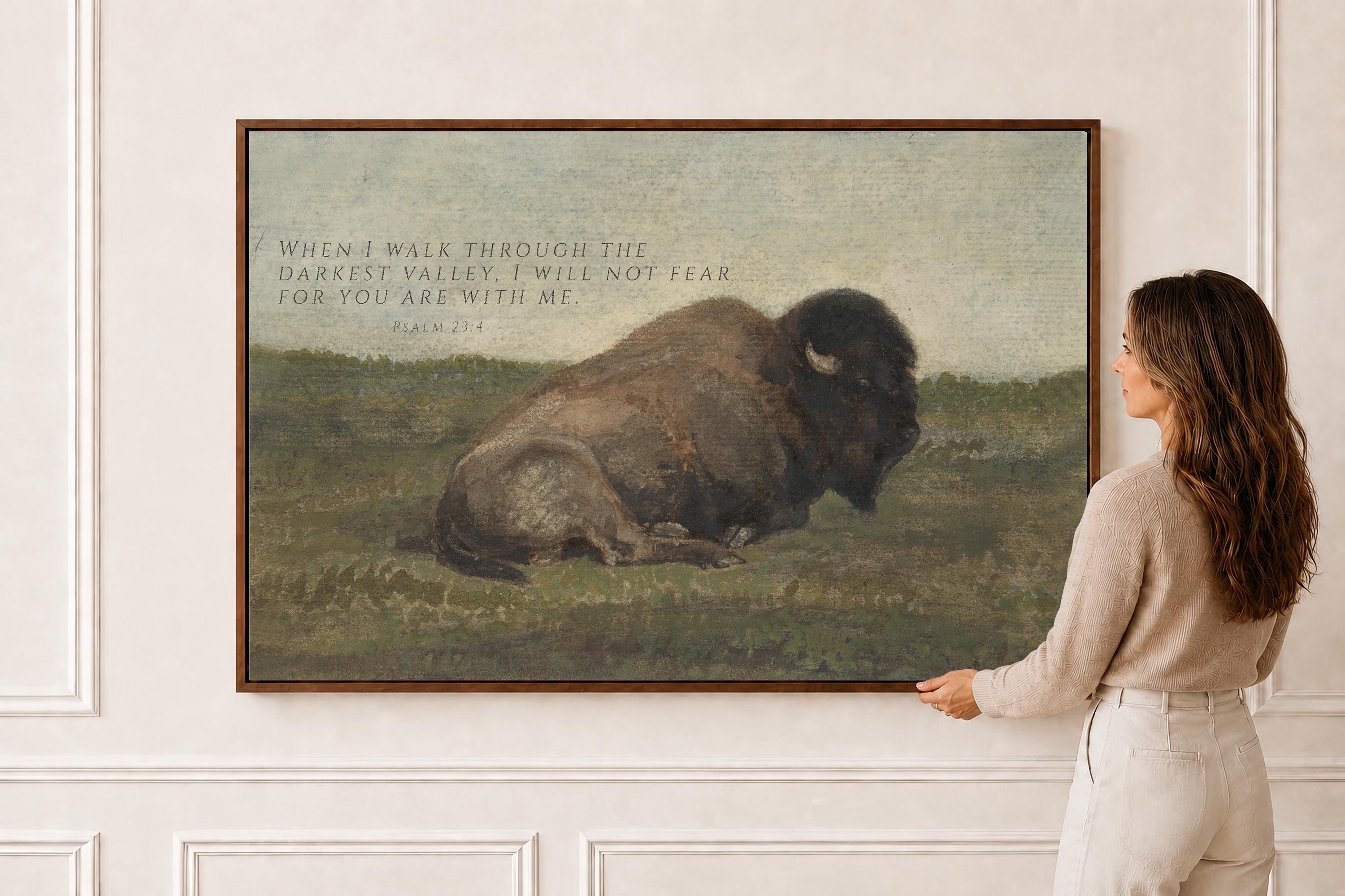 Psalm 23:4 Wall Art, Bison Christian Scripture Painting, I Will Not Fear Print, Faith Inspired Wildlife Artwork, FG427