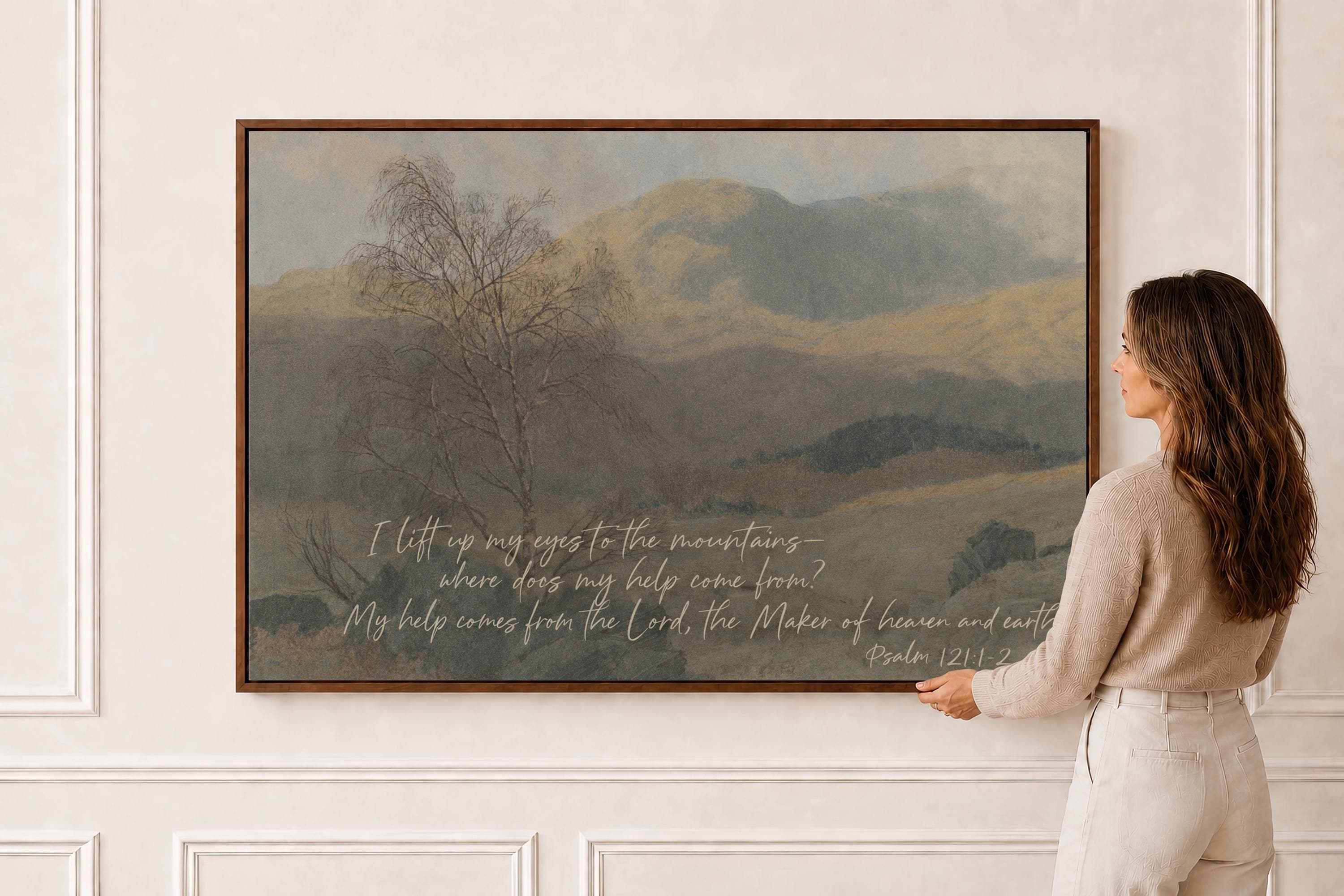 Psalm 121 Wall Art, Christian Landscape Painting, Bible Verse Mountain Art, Scripture Wall Art, Christian Home Decor, FG431
