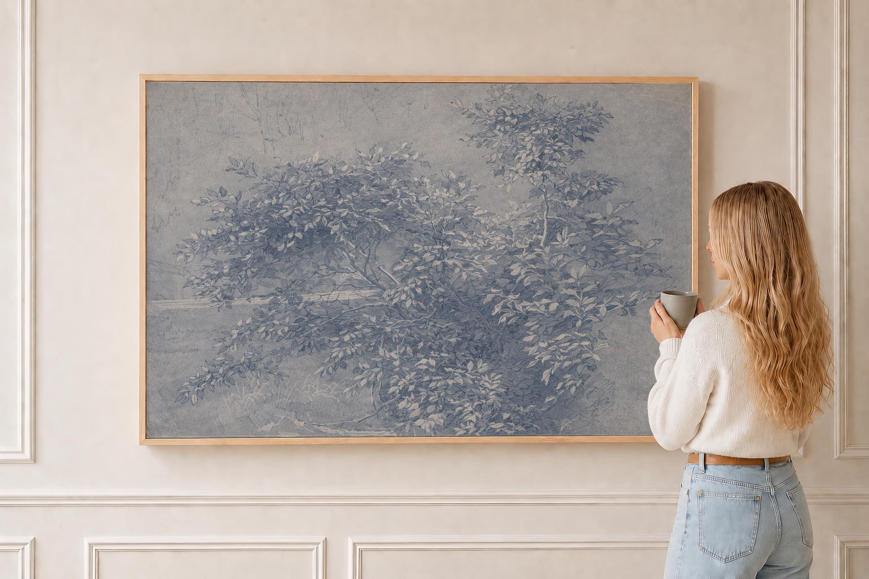 Antique Blue Botanical Wall Print – Vintage Ink Wash Leaves, French Country Art, FG437
