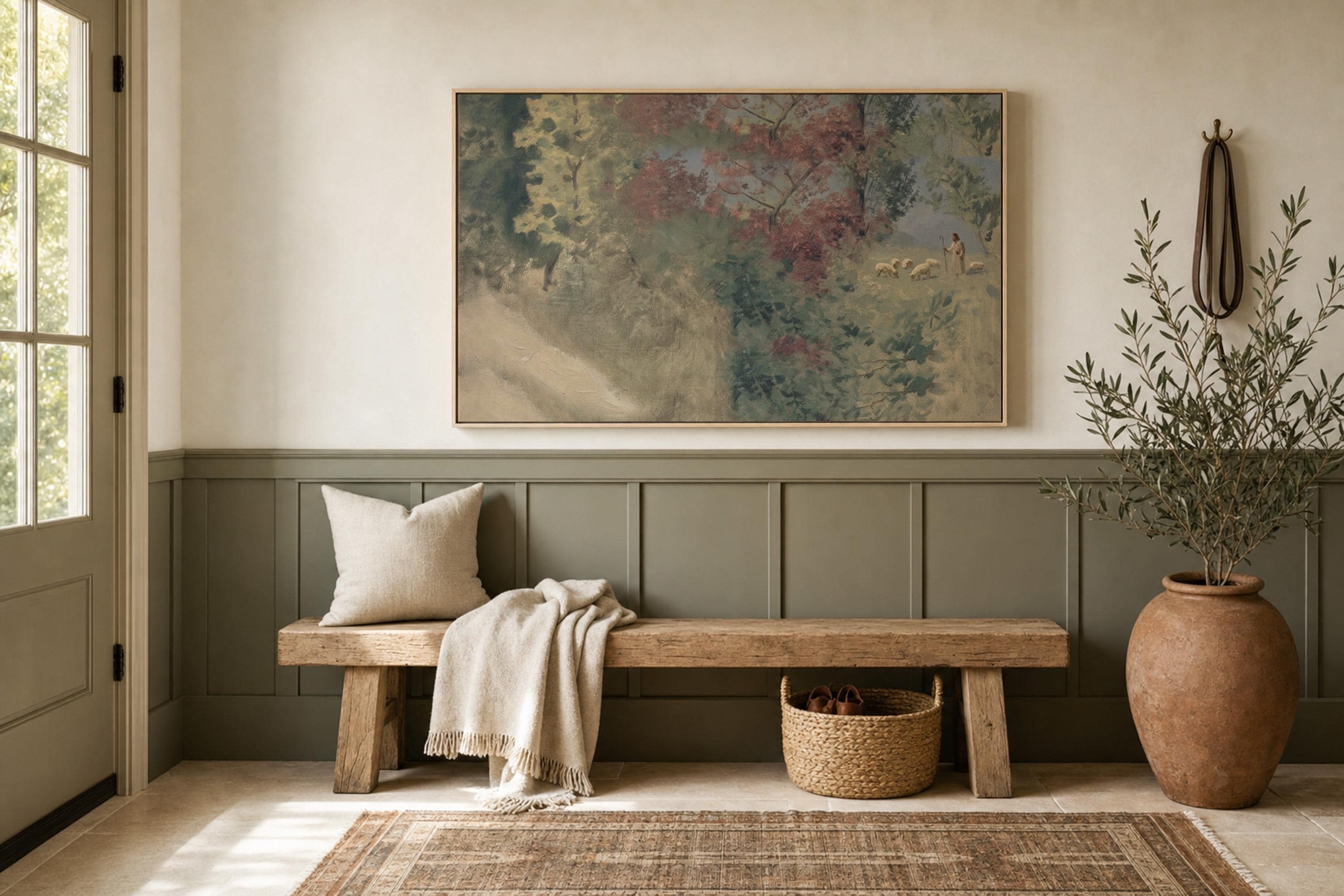 Jesus in the Meadow Print | Shepherd and Sheep Artwork | Quiet Faith Wall Decor | Psalm 23 Inspired Christian Landscape | S0027