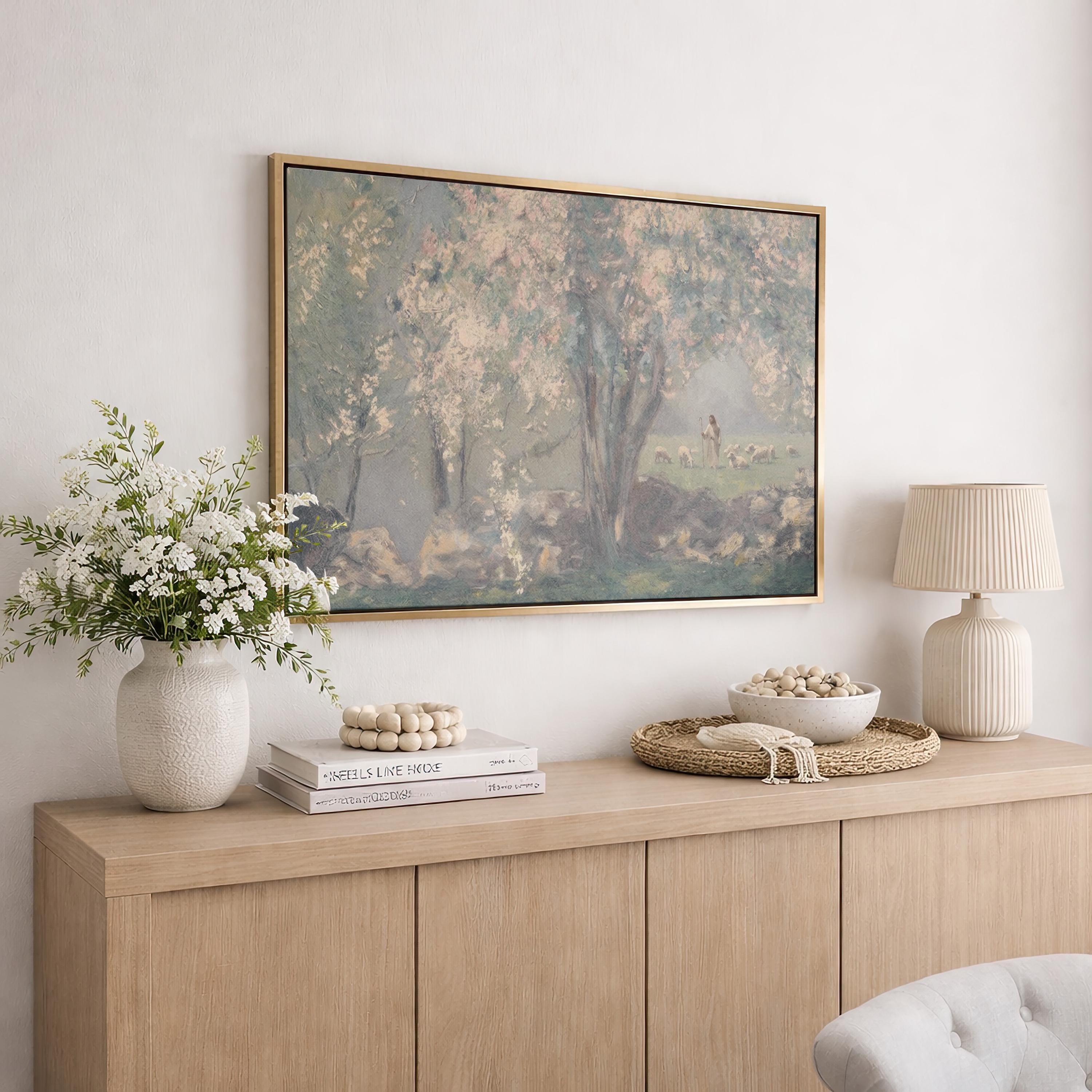 Jesus Among the Sheep Print | Good Shepherd Christian Wall Art | Peaceful Biblical Landscape Painting | S0037