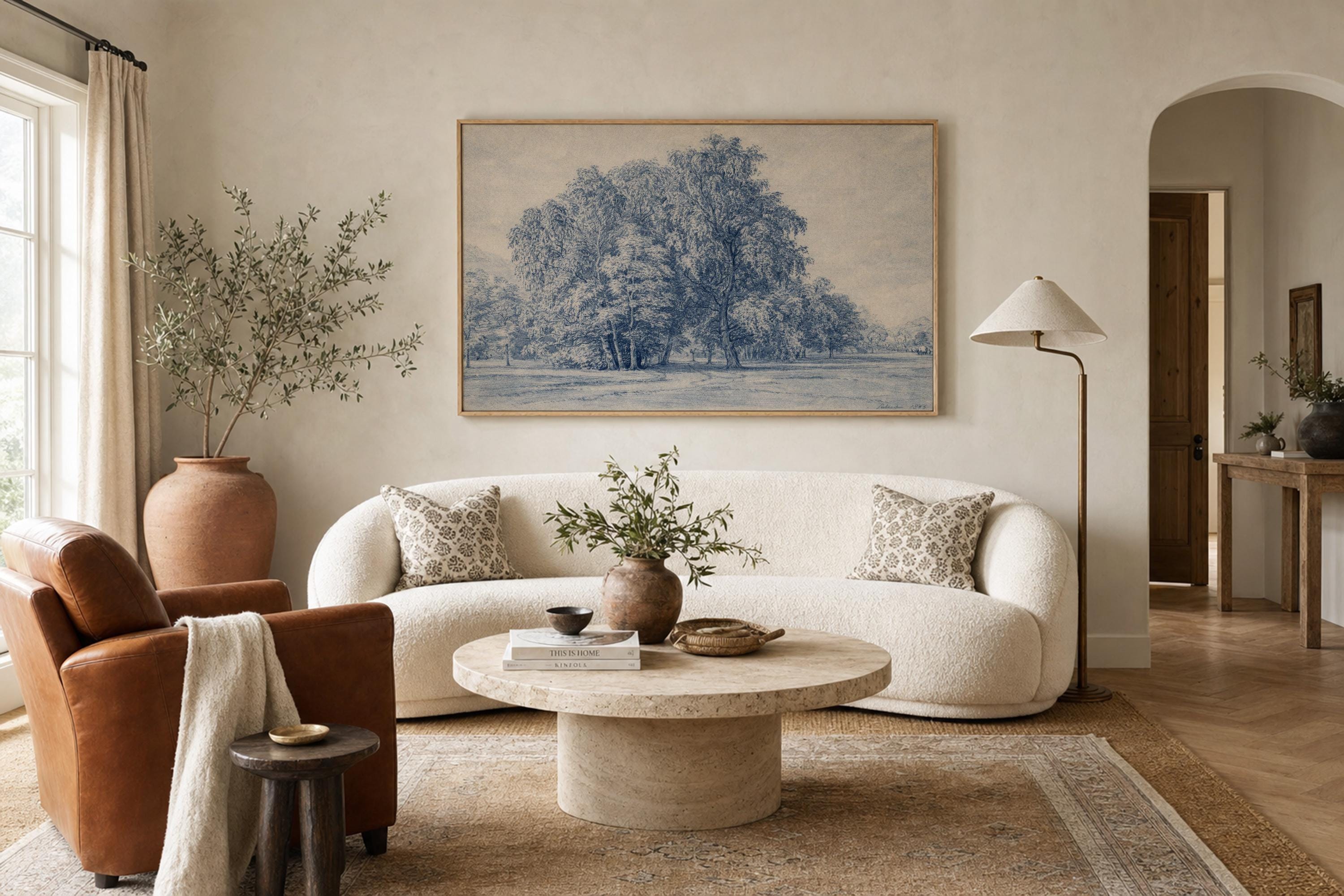 Blue Landscape Wall Art – French Country Tree Print, Farmhouse Decor