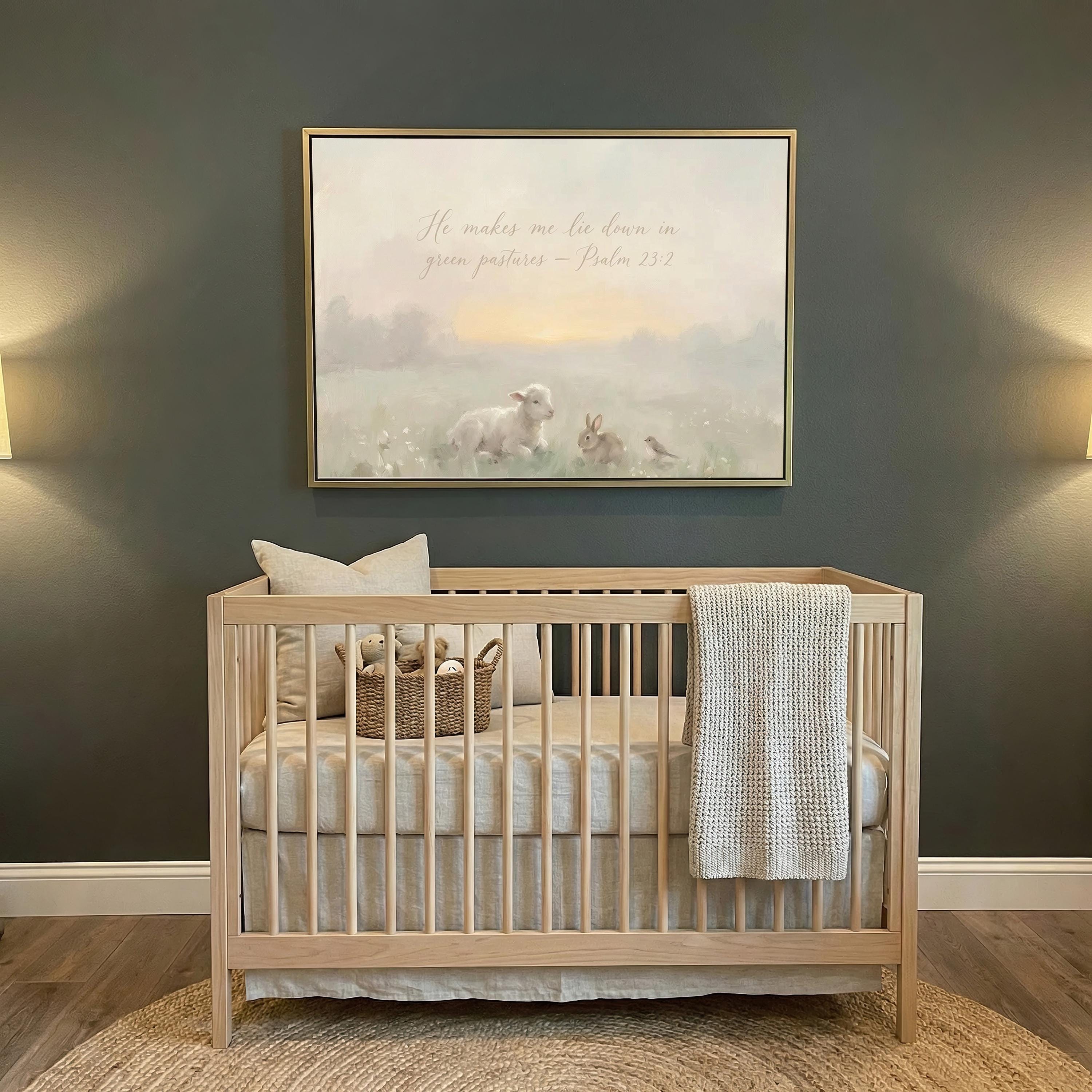 Christian Nursery Wall Art | Psalm 23:2 Print | Lamb and Bunny Nursery Decor | Faith Based Baby Room Art | W0193