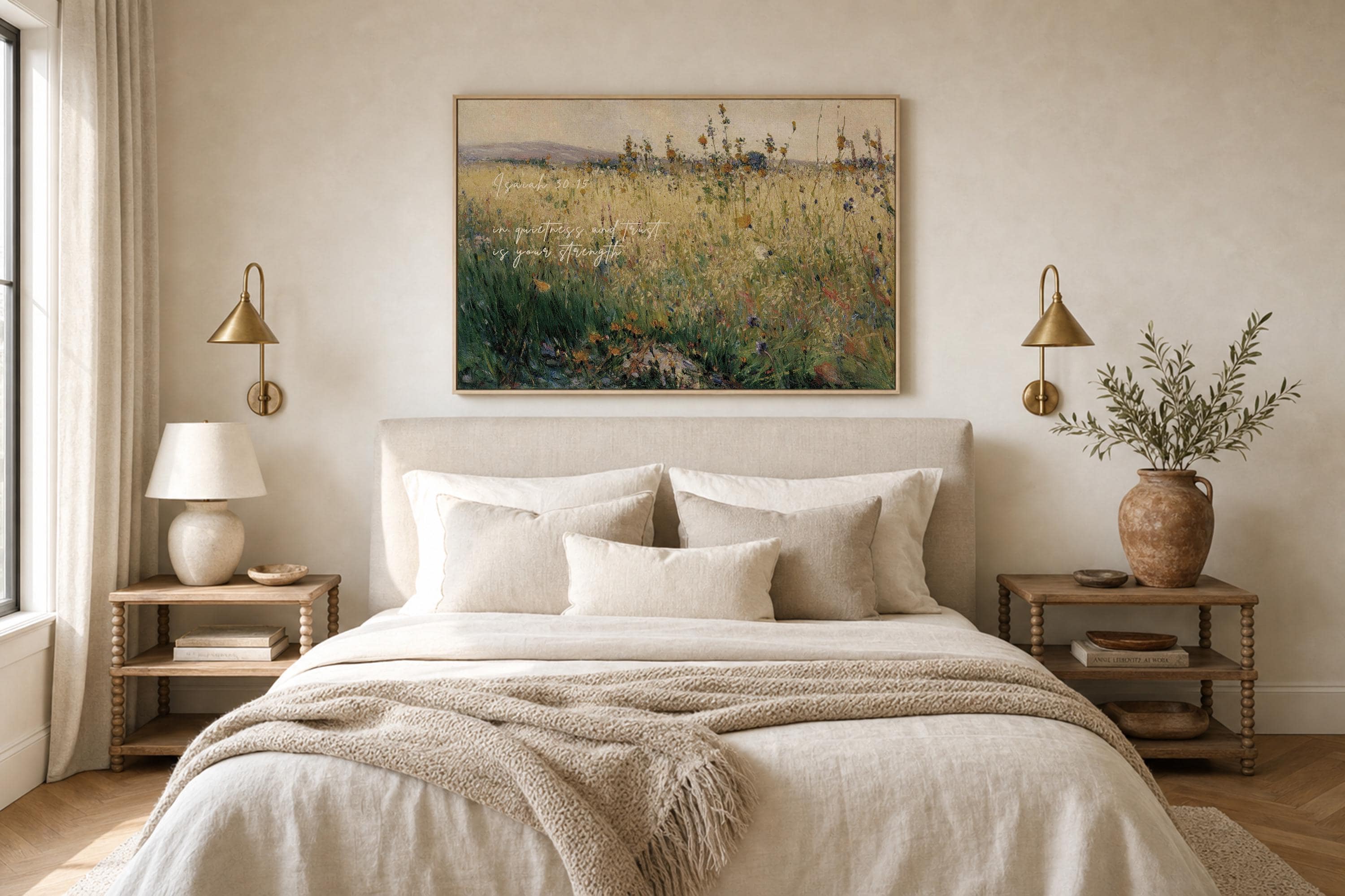 Wildflower Field Christian Wall Art Isaiah 30:15, In Quietness and Trust Is Your Strength, Vintage Floral Landscape Print