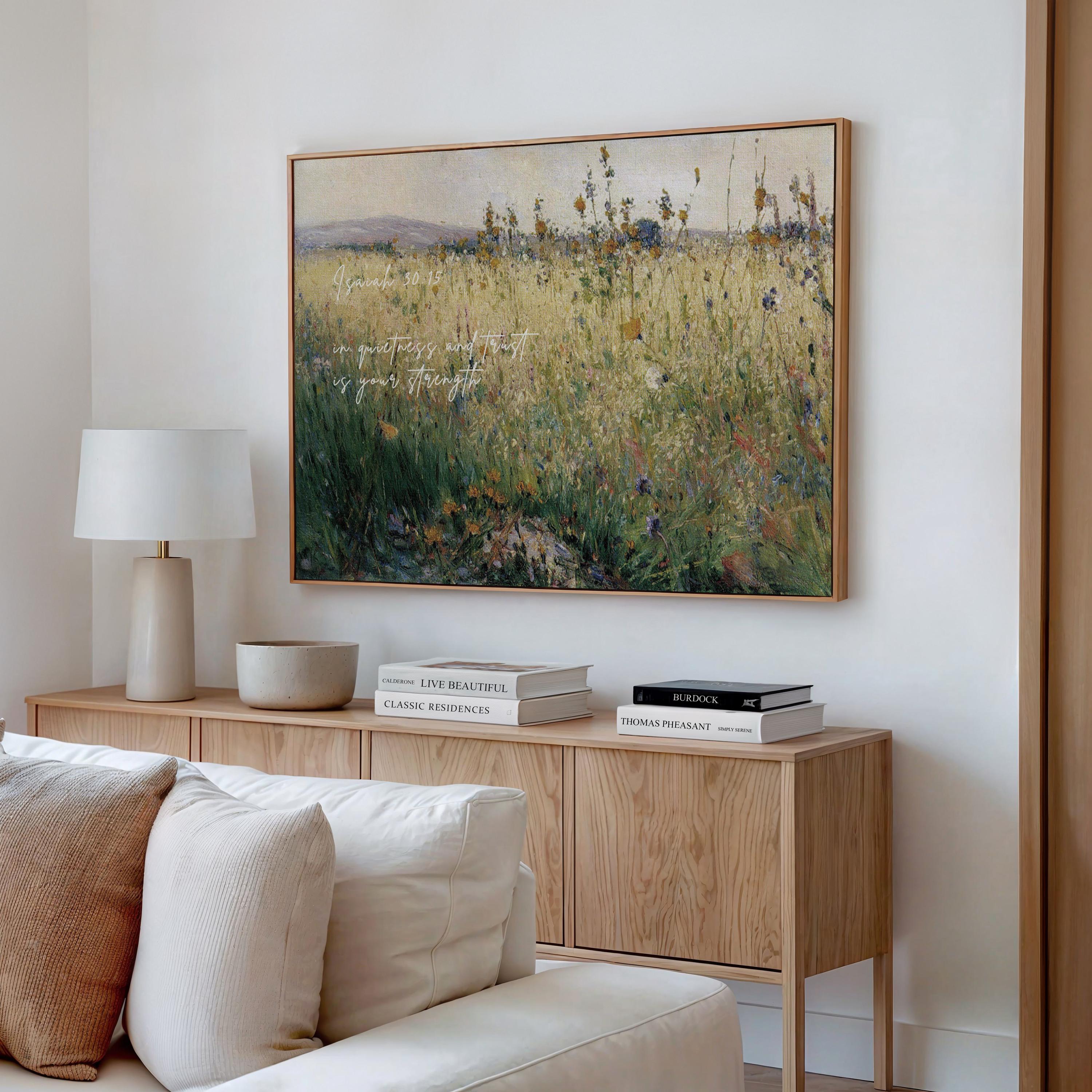Wildflower Field Christian Wall Art Isaiah 30:15, In Quietness and Trust Is Your Strength, Vintage Floral Landscape Print