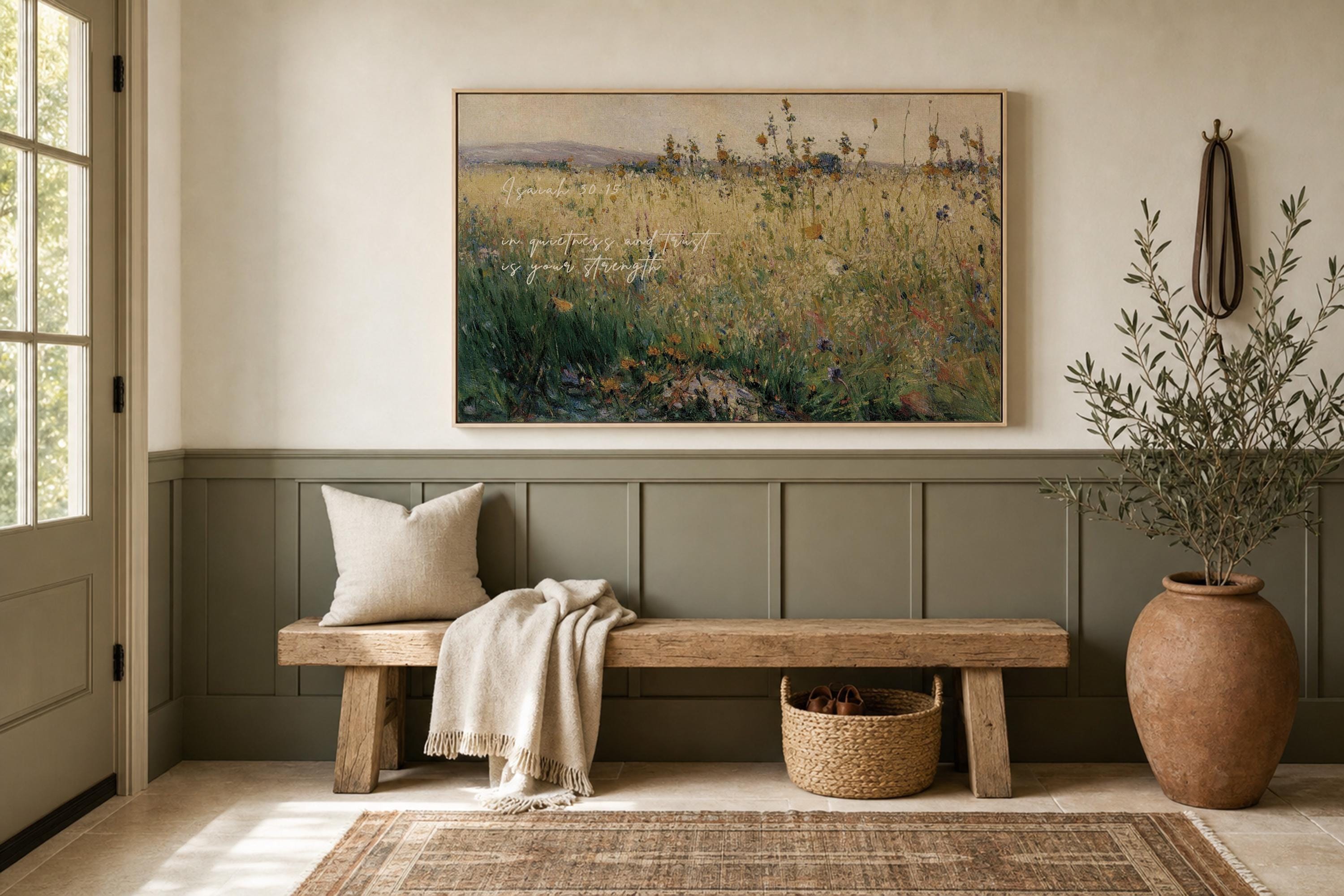 Wildflower Field Christian Wall Art Isaiah 30:15, In Quietness and Trust Is Your Strength, Vintage Floral Landscape Print