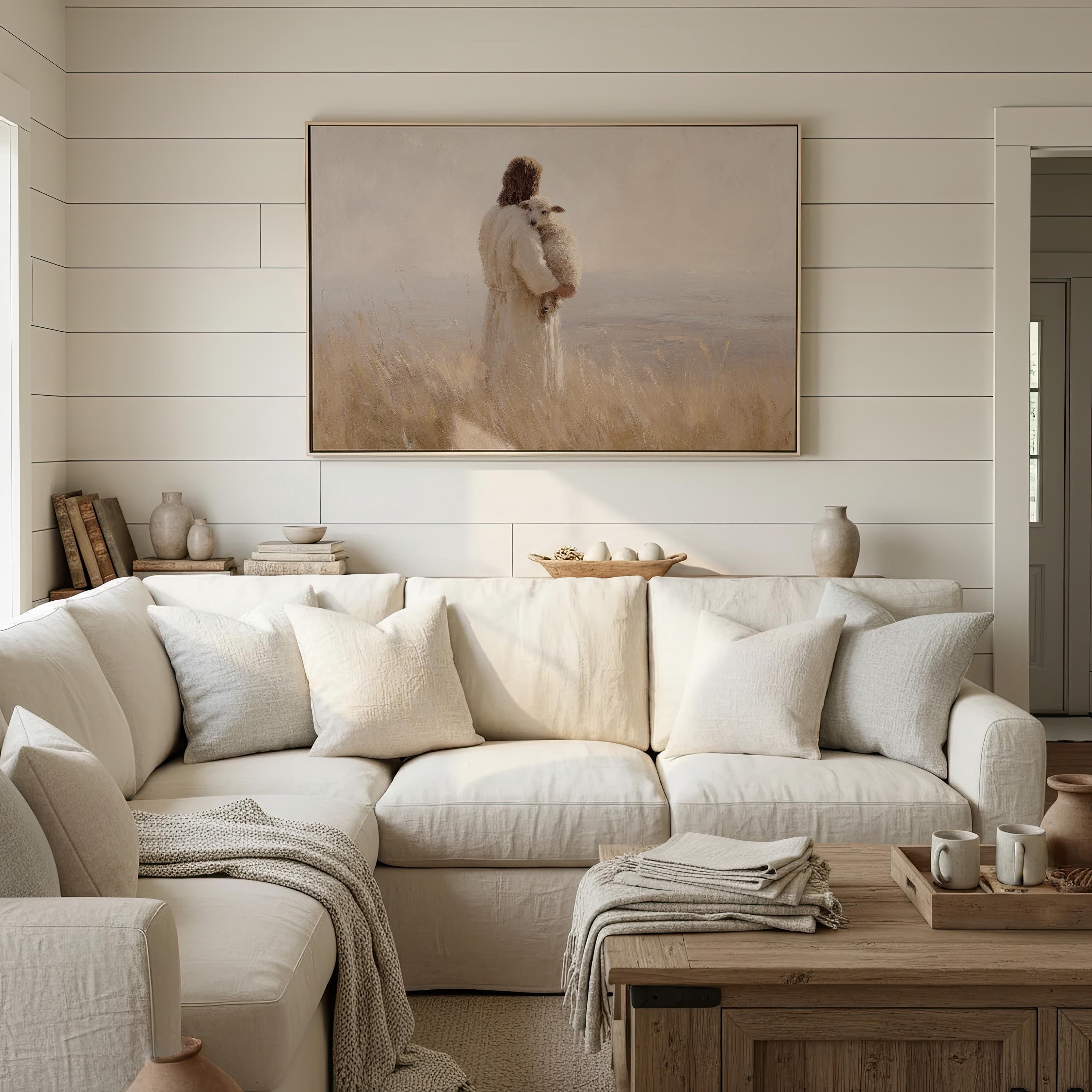 Jesus Holding Lamb Wall Art – The Good Shepherd Print – Psalm 23 Christian Home Decor – Neutral Faith Artwork