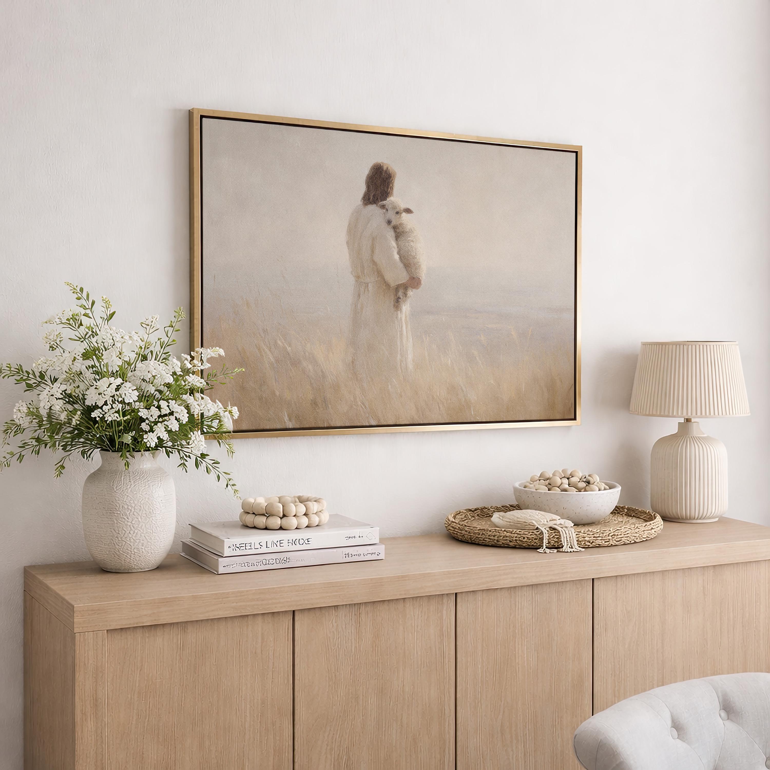 Jesus Holding Lamb Wall Art – The Good Shepherd Print – Psalm 23 Christian Home Decor – Neutral Faith Artwork