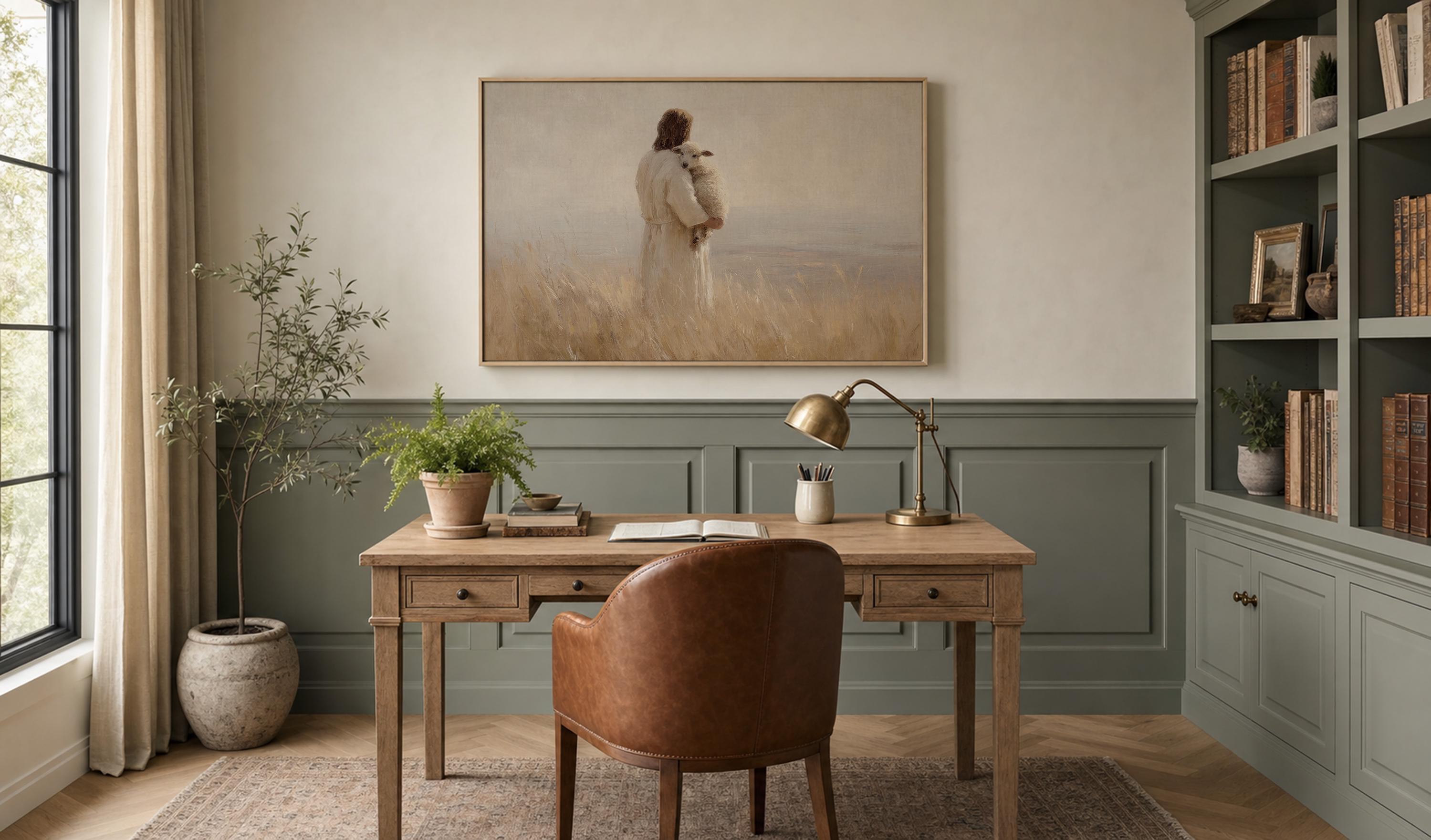 Jesus Holding Lamb Wall Art – The Good Shepherd Print – Psalm 23 Christian Home Decor – Neutral Faith Artwork