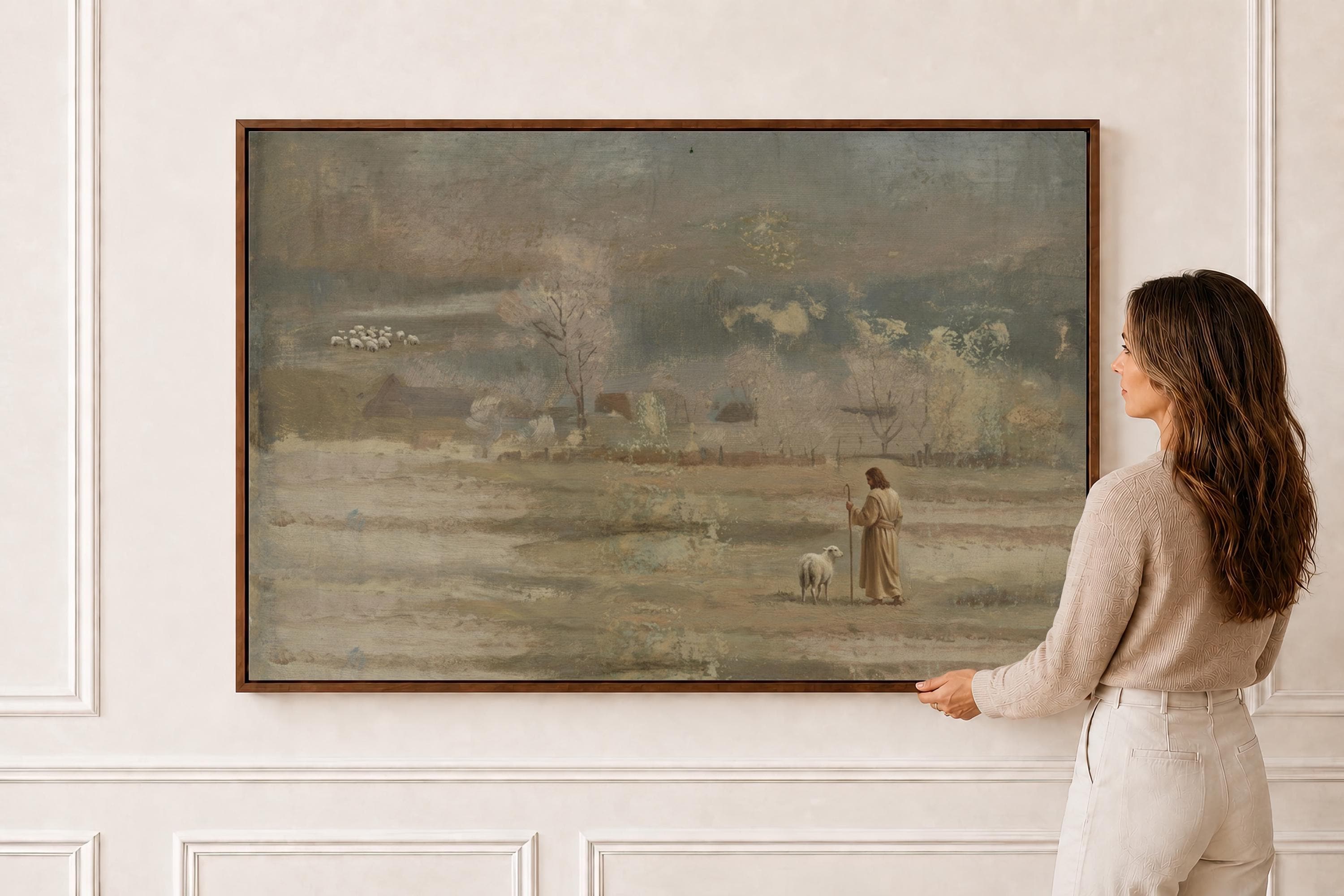 Lost Sheep Framed Canvas | Muted Farm Winter Christian Wall Art Print | Vintage Christian Wall Art | Faith Gift | L0008