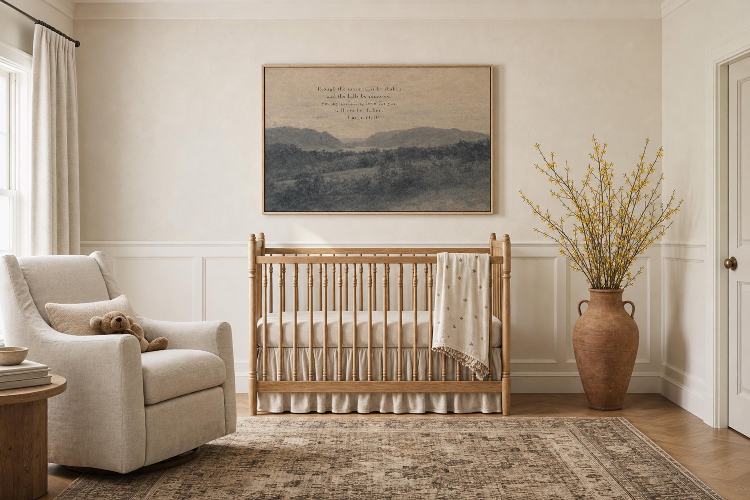 Though the Mountains Be Shaken Christian Landscape Canvas | Isaiah 54:10 Blue Antique Wall Art