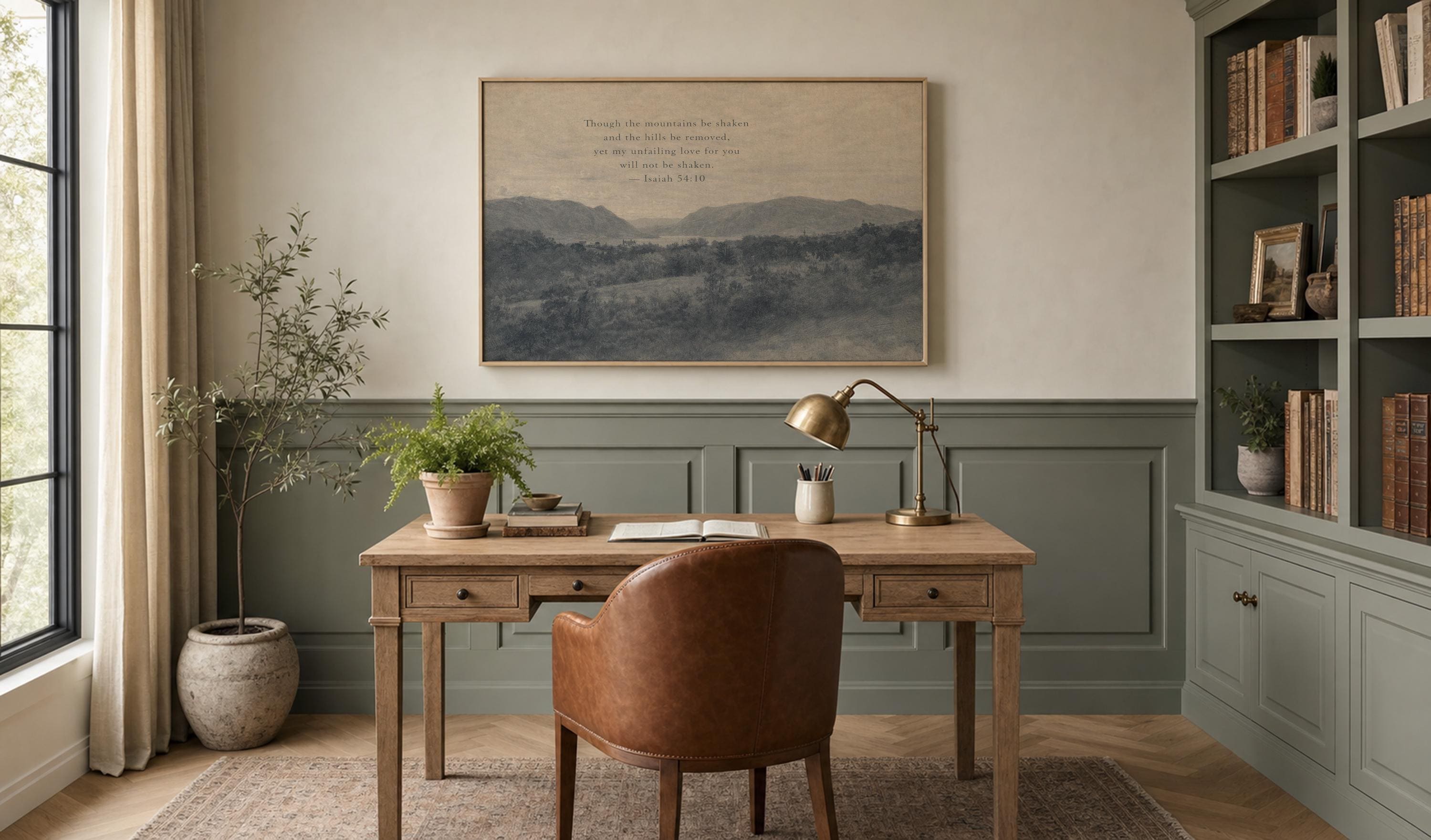 Though the Mountains Be Shaken Christian Landscape Canvas | Isaiah 54:10 Blue Antique Wall Art