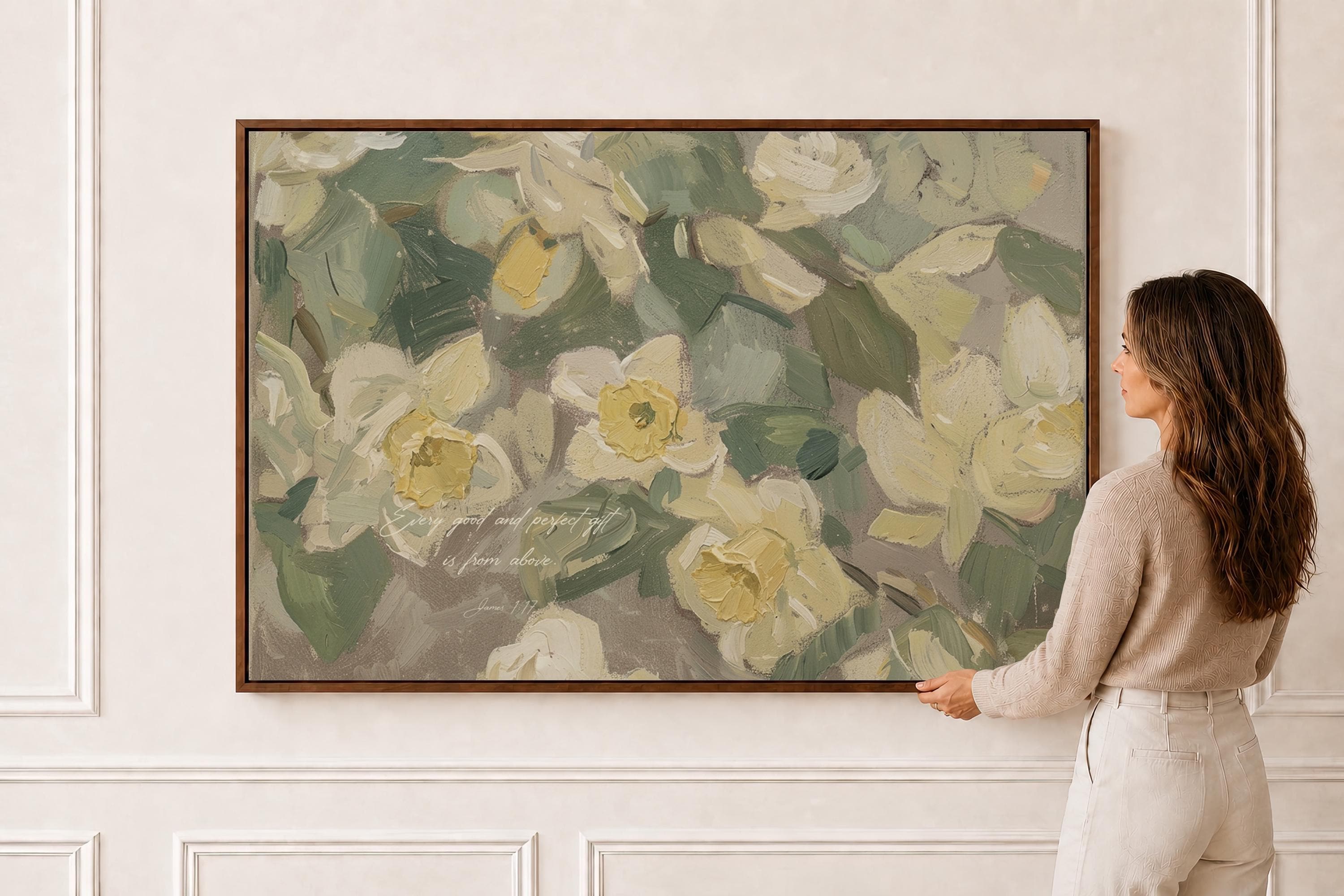 Daffodil Wall Art Print | James 1:17 Bible Verse Print | Neutral Floral Wall Decor | Soft Botanical Artwork | Christian Home Decor | W0064