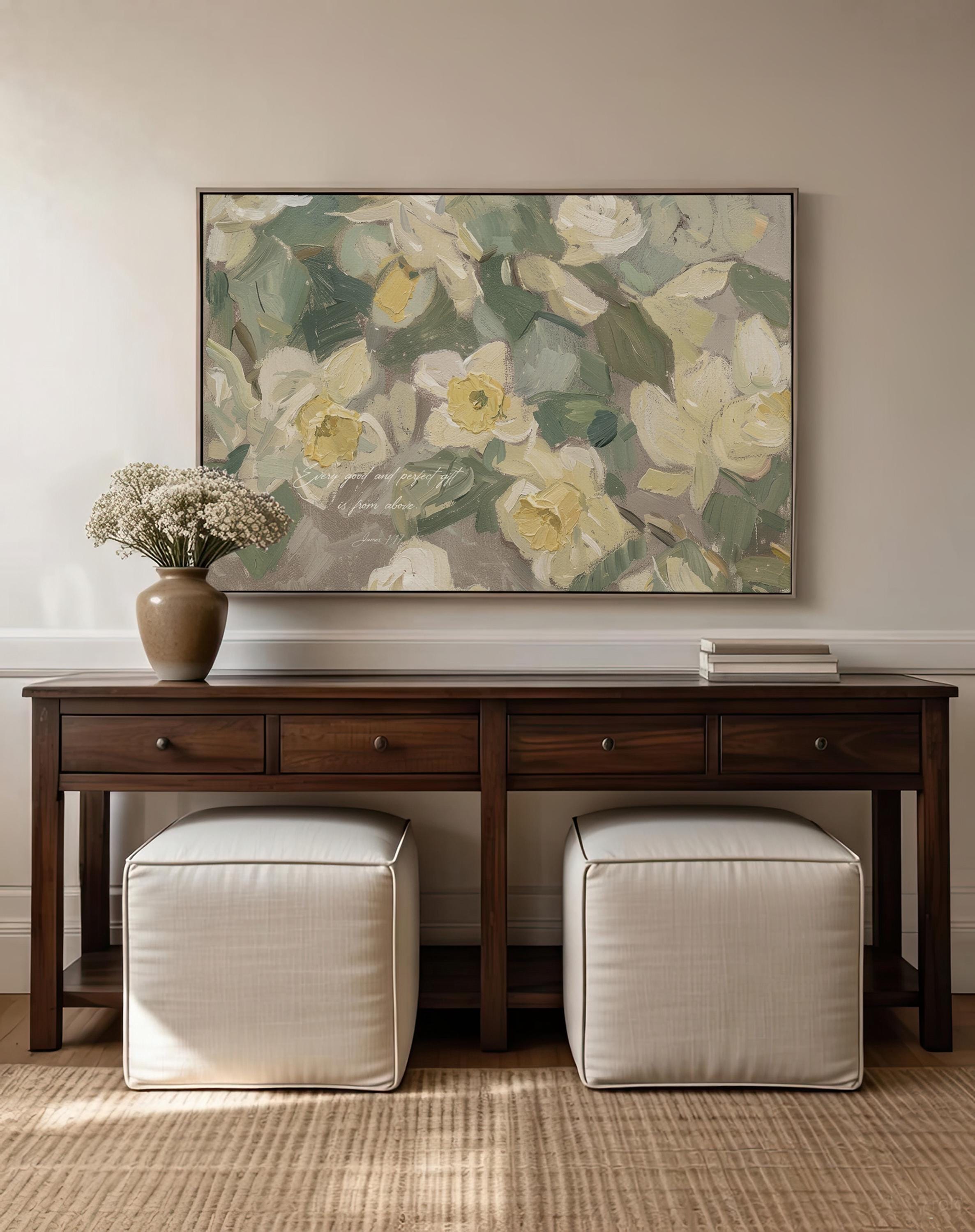 Daffodil Wall Art Print | James 1:17 Bible Verse Print | Neutral Floral Wall Decor | Soft Botanical Artwork | Christian Home Decor | W0064