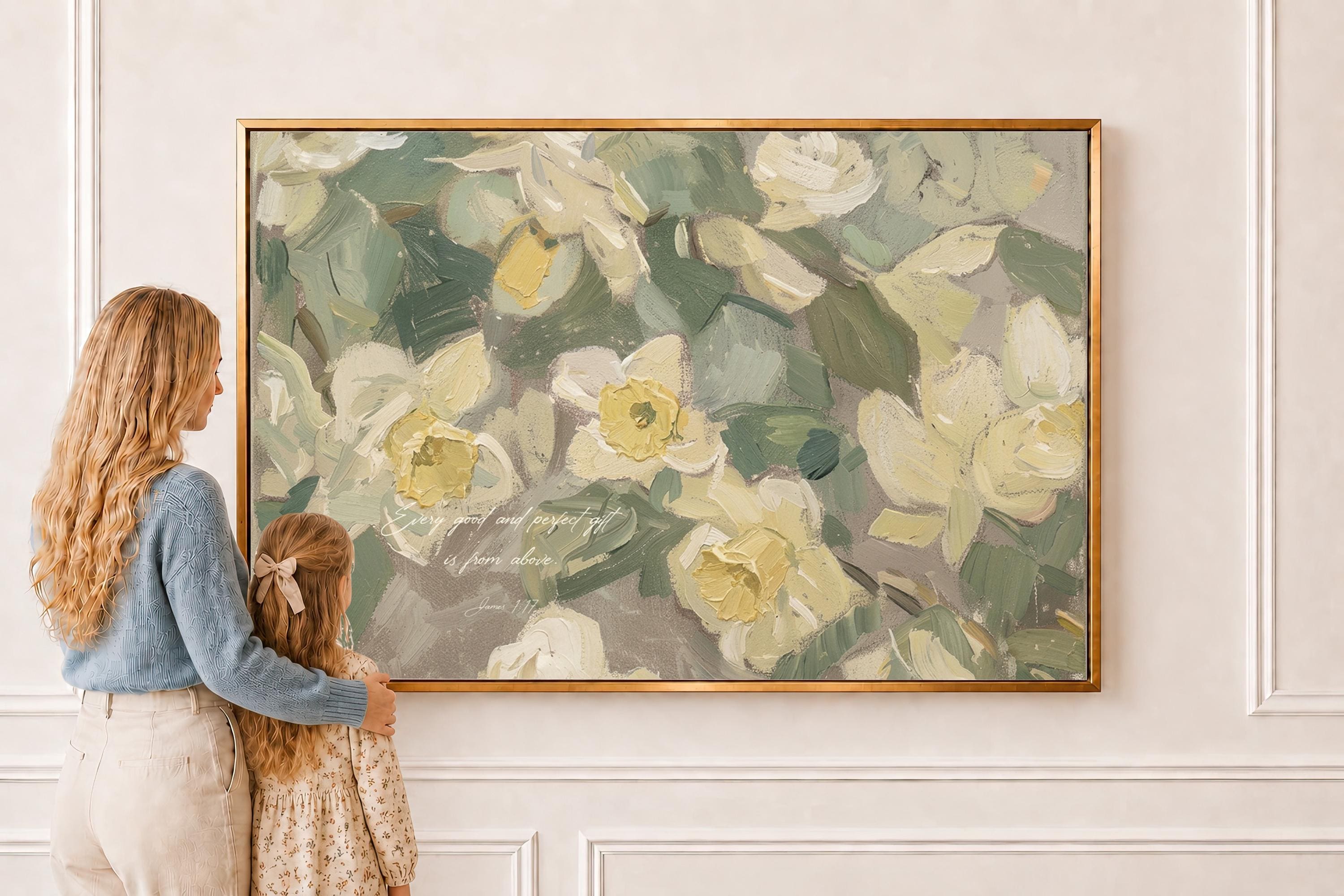 Daffodil Wall Art Print | James 1:17 Bible Verse Print | Neutral Floral Wall Decor | Soft Botanical Artwork | Christian Home Decor | W0064