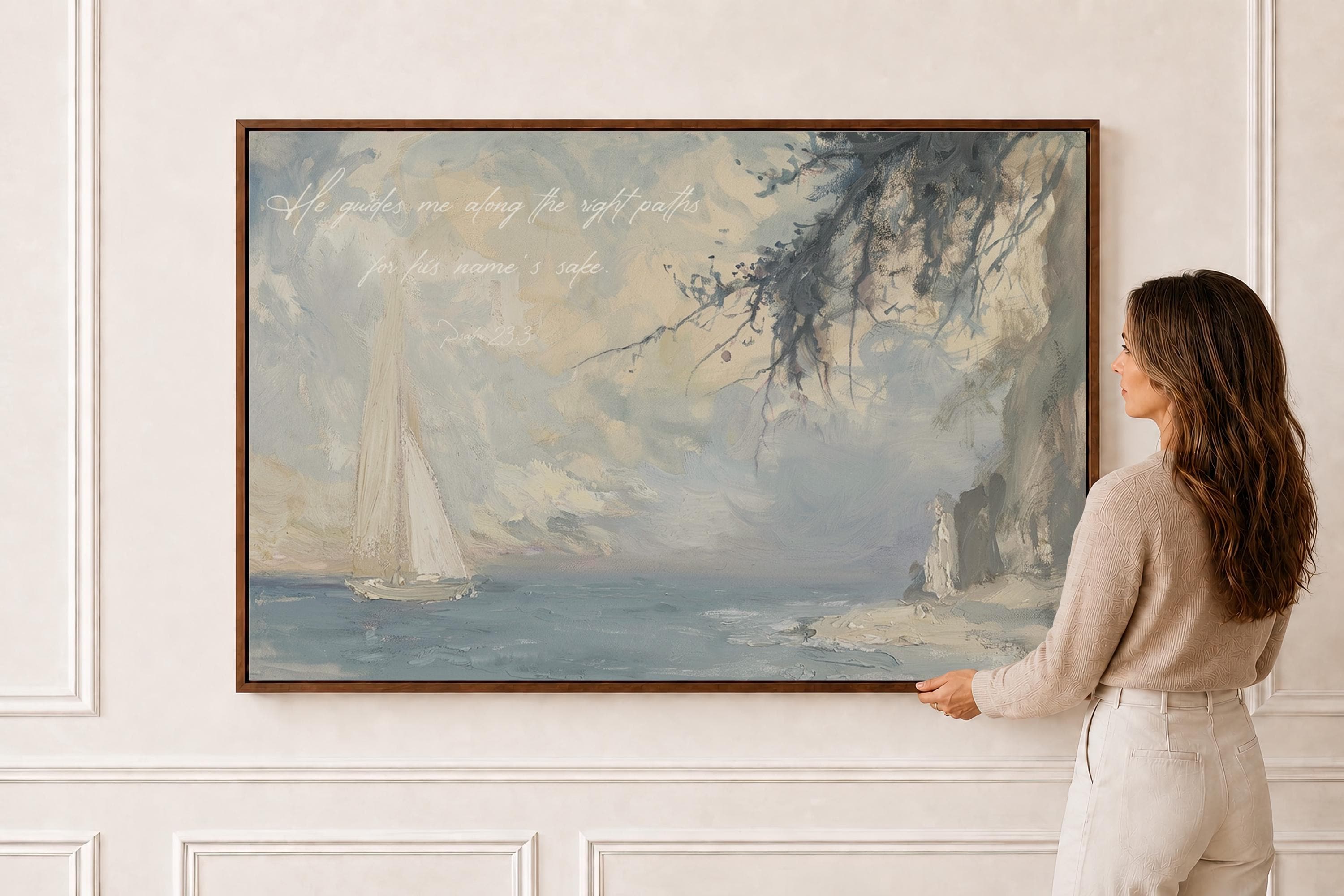 Psalm 23:3 Wall Art Print | Coastal Sailboat Painting | Neutral Ocean Wall Decor | Bible Verse Artwork | Christian Home Decor | W0108