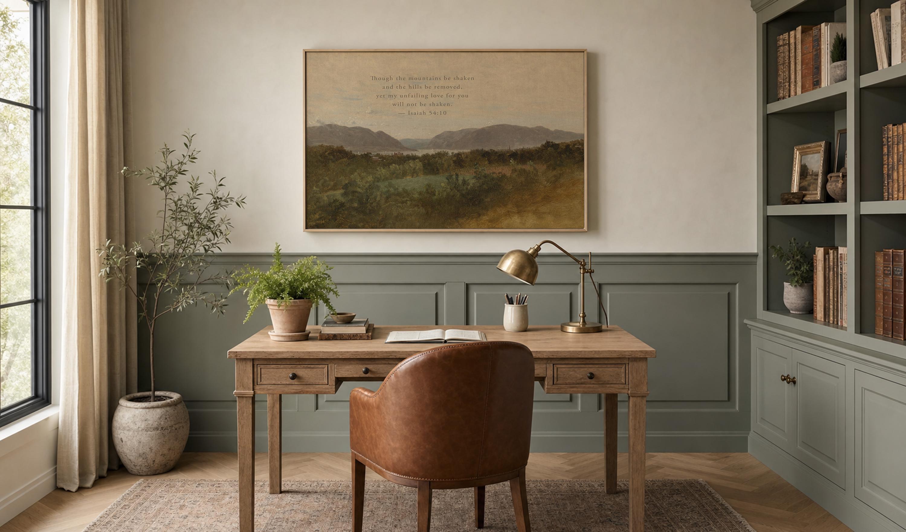 Isaiah 54:10 Wall Art | Though the Mountains Be Shaken Christian Landscape Canvas | Neutral Farmhouse Scripture Decor