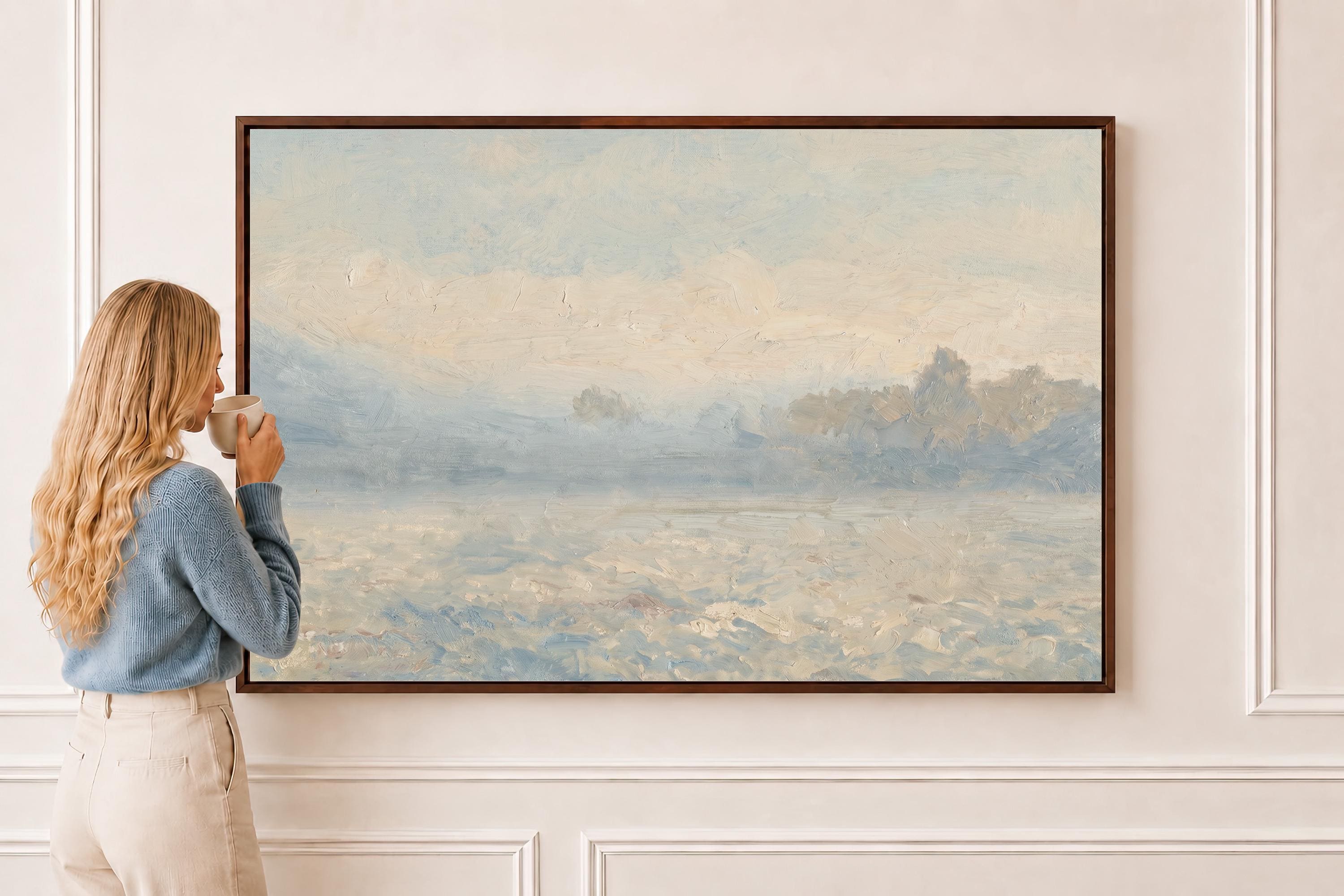 Powder Blue Landscape Wall Art | Blue Ivory Painting | Coastal Farmhouse Art | Bedroom Living Room Wall Decor | P0014