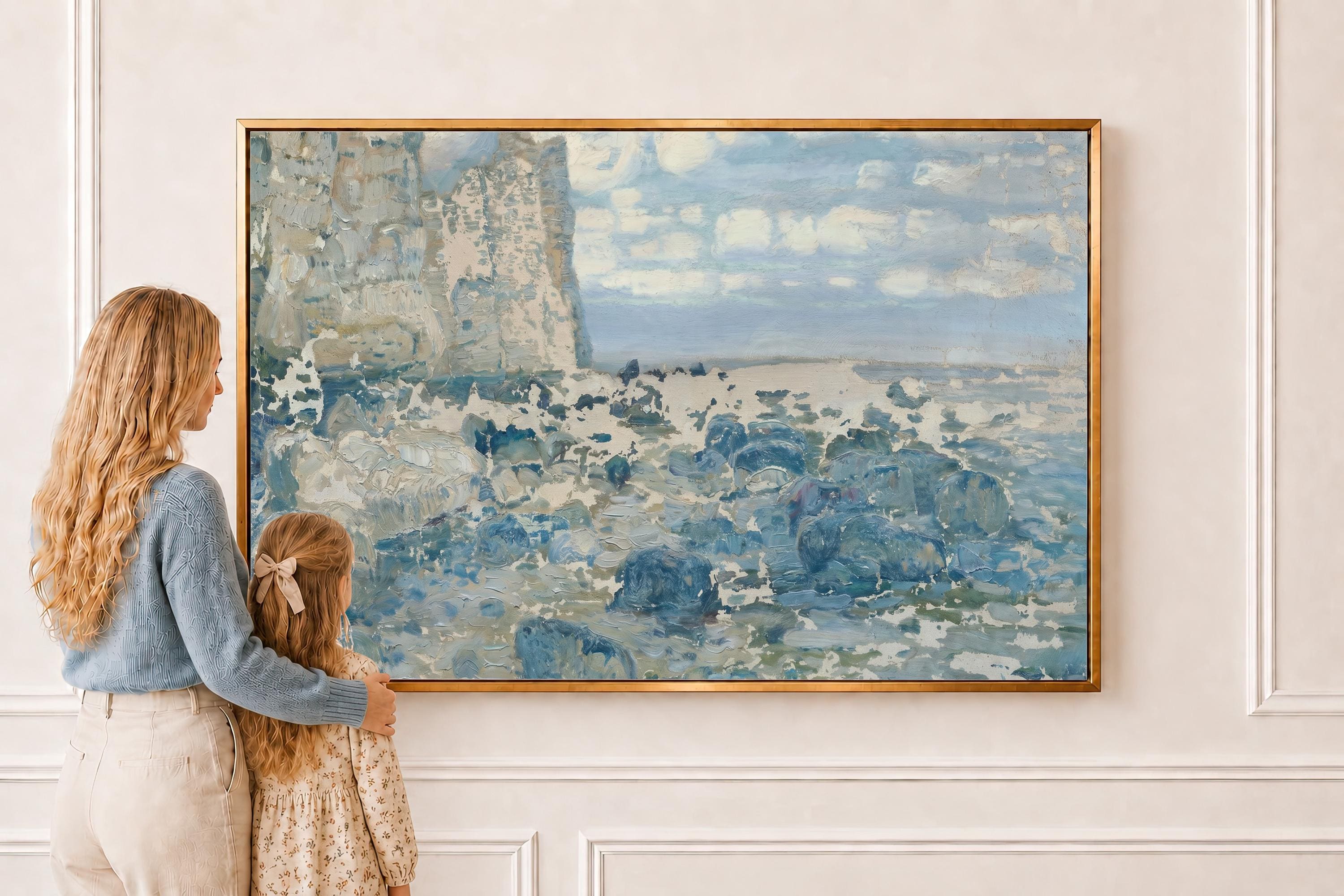Coastal Cliff Wall Art Print | Blue Seascape Painting | Ocean Landscape Decor | Neutral Beach House Artwork | Coastal Wall Art | P0007