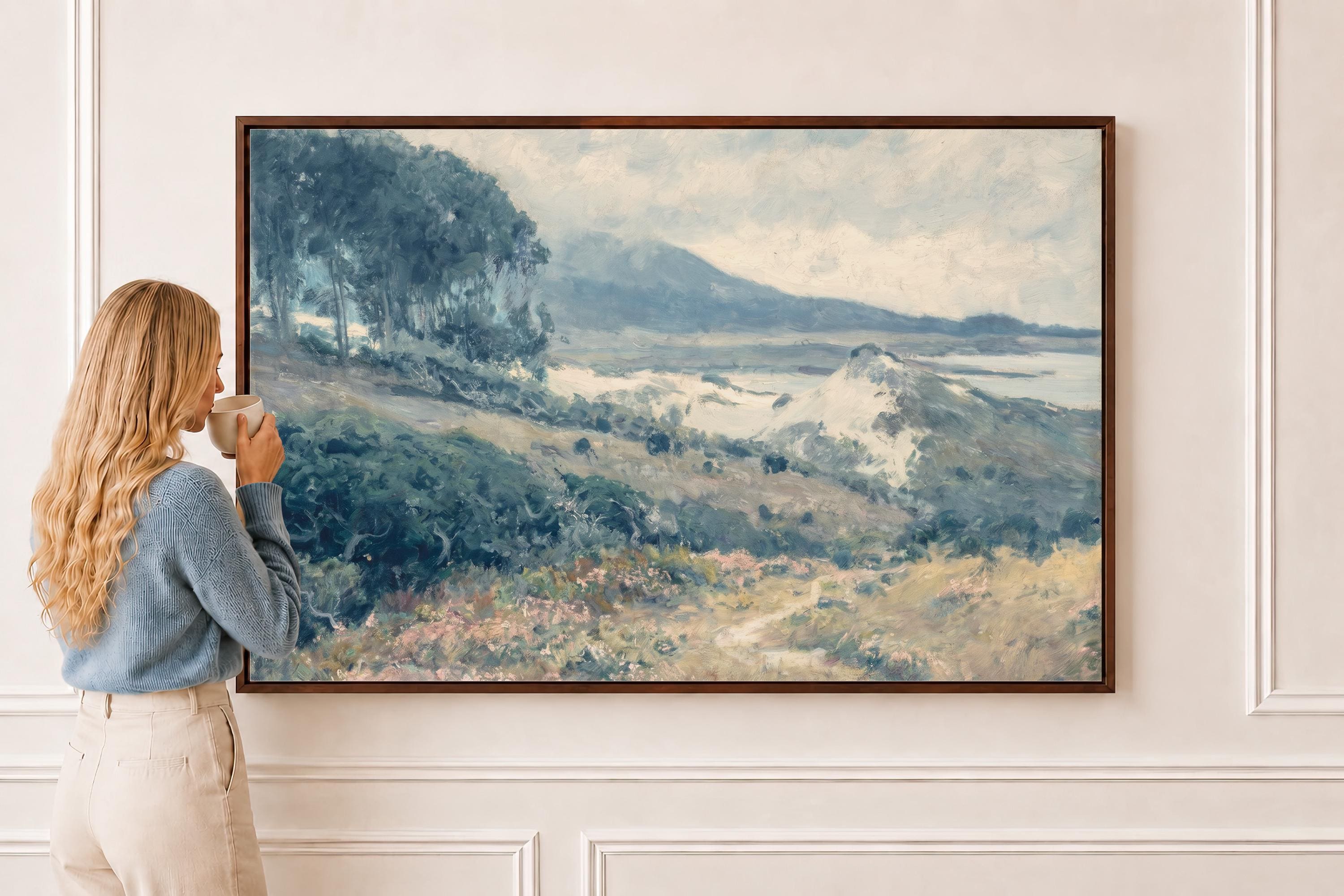 Blue Landscape Wall Art Print | Mountain Meadow Painting | Traditional Landscape Artwork | Living Room Wall Art | P0015