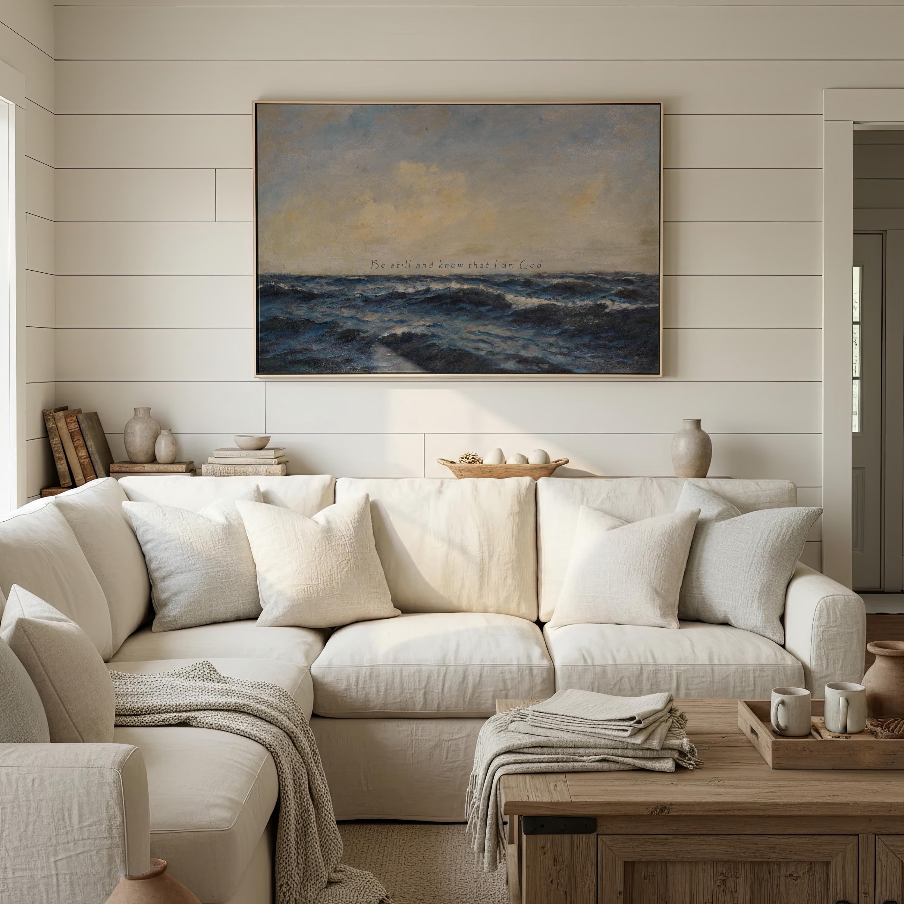 Be Still and Know Ocean Wall Art – Psalm 46:10 Scripture Print Coastal Christian Decor – Blue Beach Faith Art – Bedroom Decor – FG416