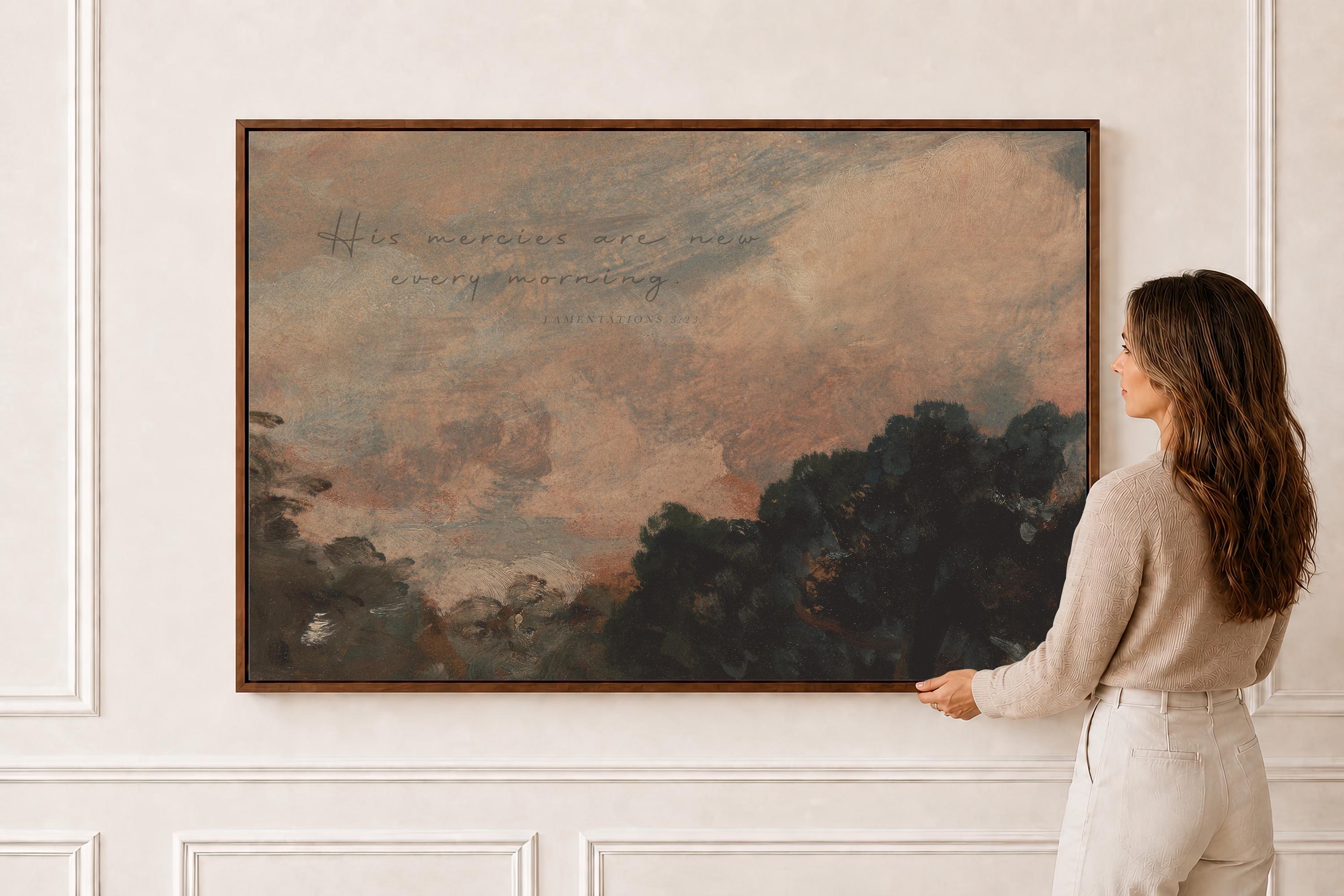 His Mercies Are New Every Morning Painting, Lamentations 3:23 Christian Wall Art, Soft Sky Landscape Painting, Morning Mercy Verse, FG423
