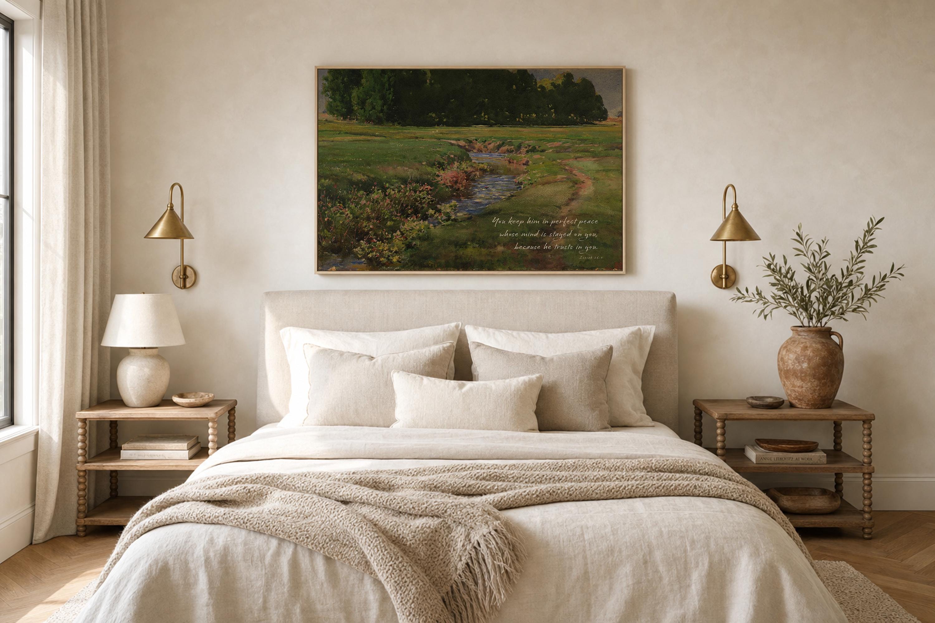 Isaiah 26:3 Scripture Landscape, Peaceful Stream Painting, Faith Inspired Nature Artwork, Christian Home Decor, FG425