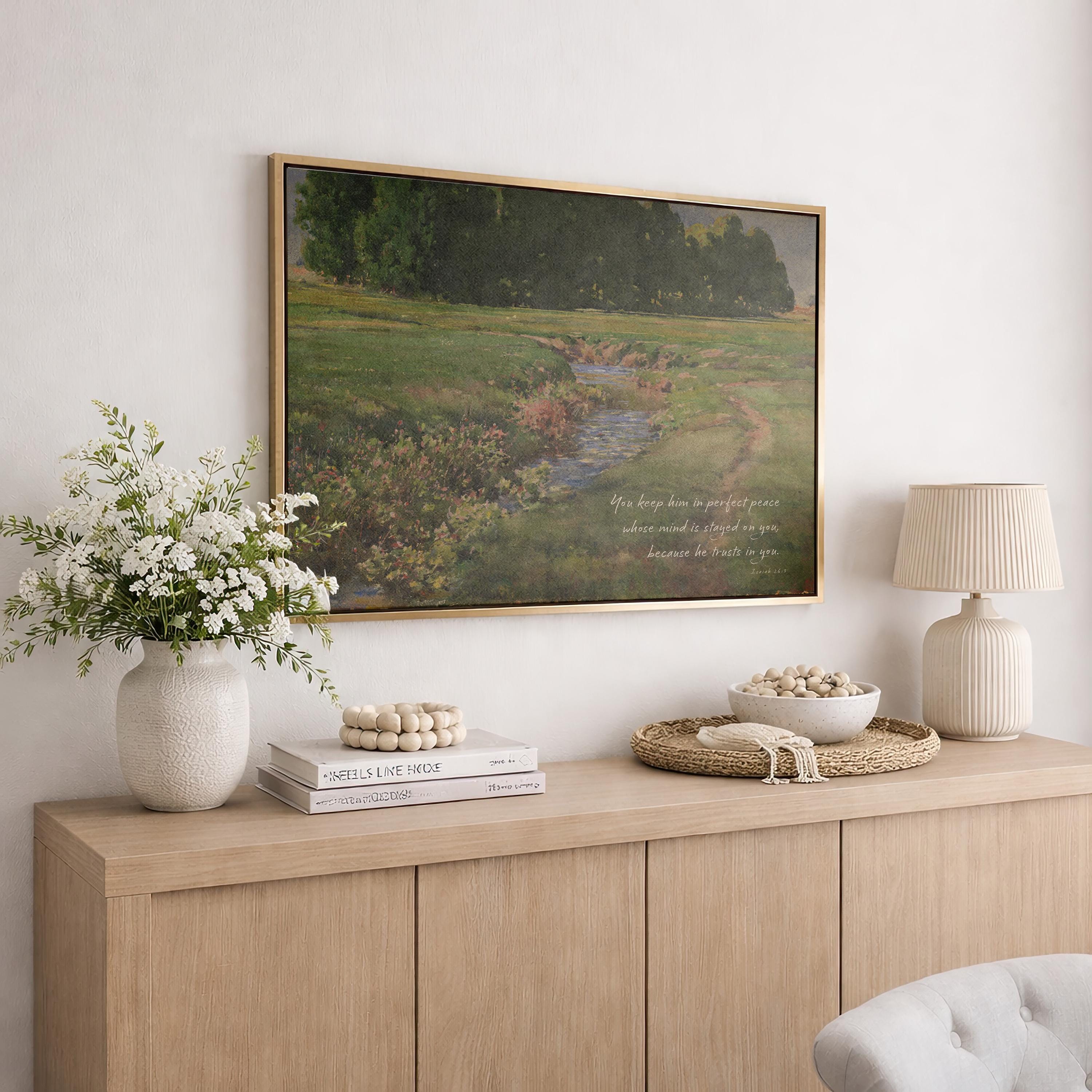 Isaiah 26:3 Scripture Landscape, Peaceful Stream Painting, Faith Inspired Nature Artwork, Christian Home Decor, FG425