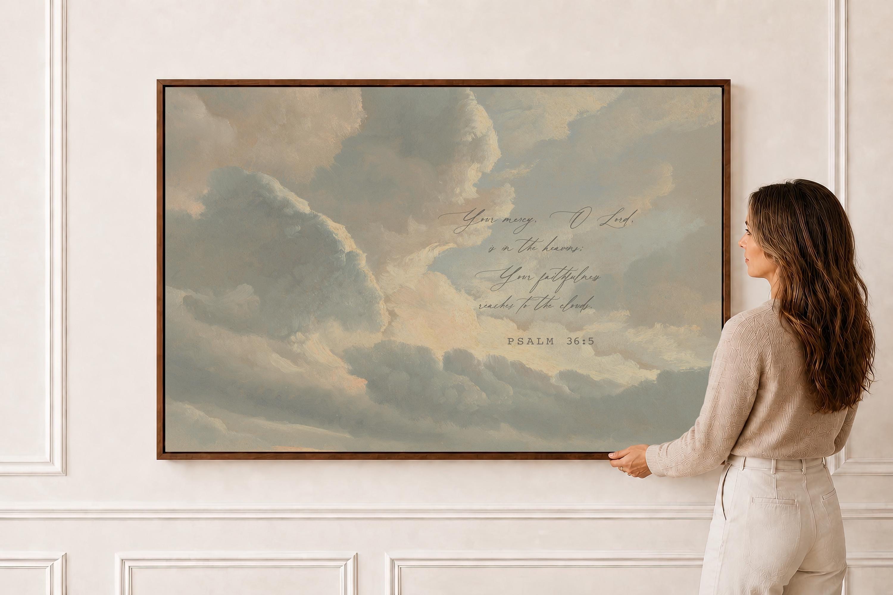 Psalm 36:5 Large Christian Canvas | Neutral Cloud Scripture Wall Art | Your Love Reaches the Heavens Decor | FG428