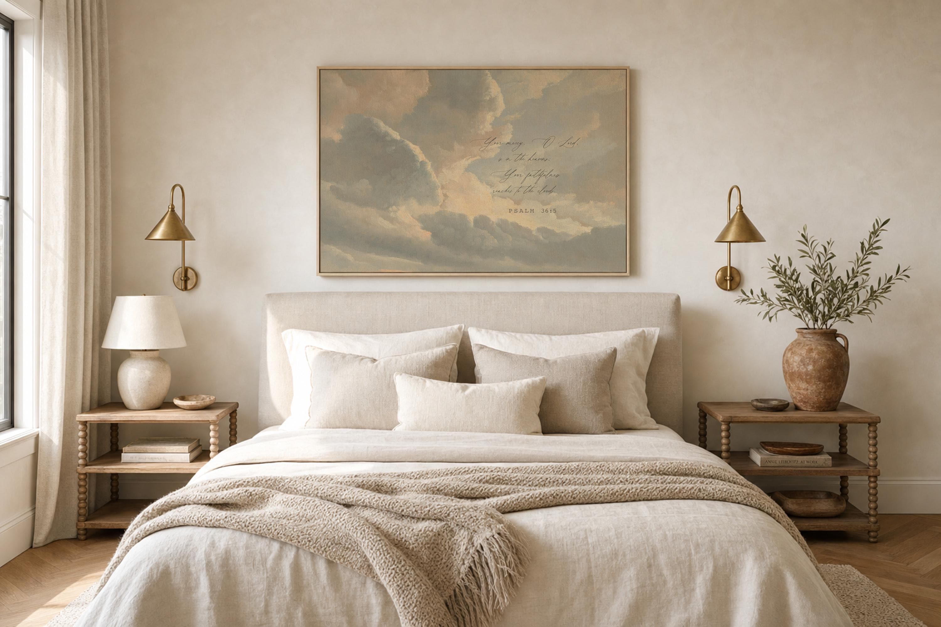 Psalm 36:5 Large Christian Canvas | Neutral Cloud Scripture Wall Art | Your Love Reaches the Heavens Decor | FG428