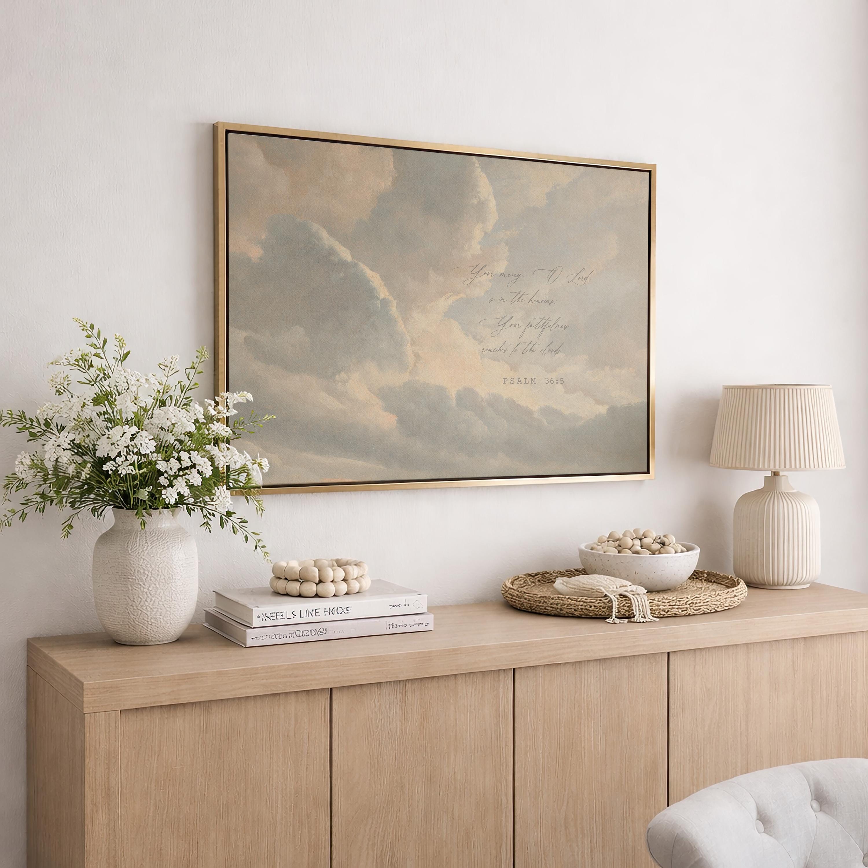 Psalm 36:5 Large Christian Canvas | Neutral Cloud Scripture Wall Art | Your Love Reaches the Heavens Decor | FG428