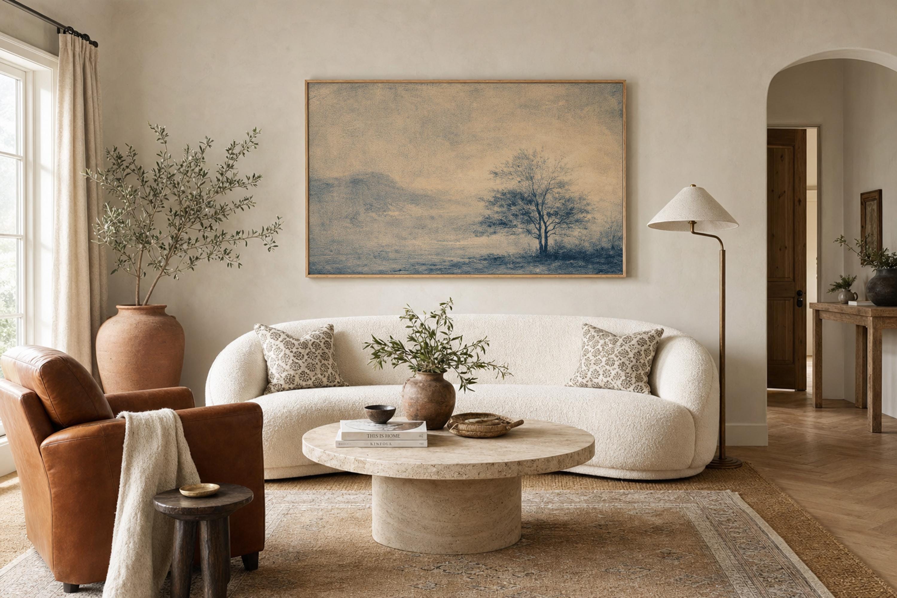 Blue Landscape Wall Art, Minimalist Tree Print, Neutral Living Room Decor, FG436