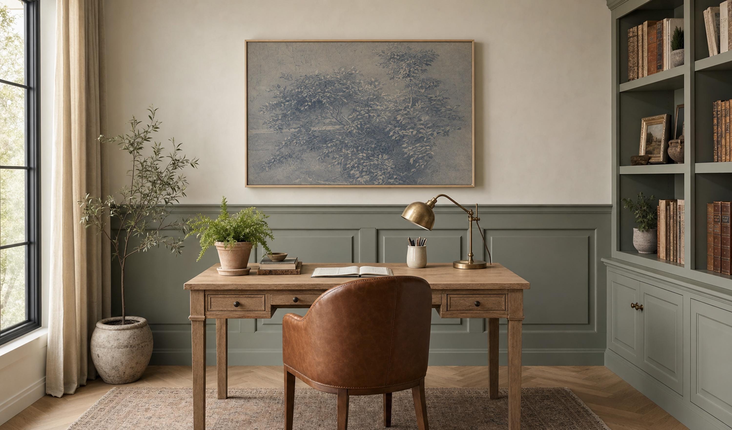 Antique Blue Botanical Wall Print – Vintage Ink Wash Leaves, French Country Art, FG437