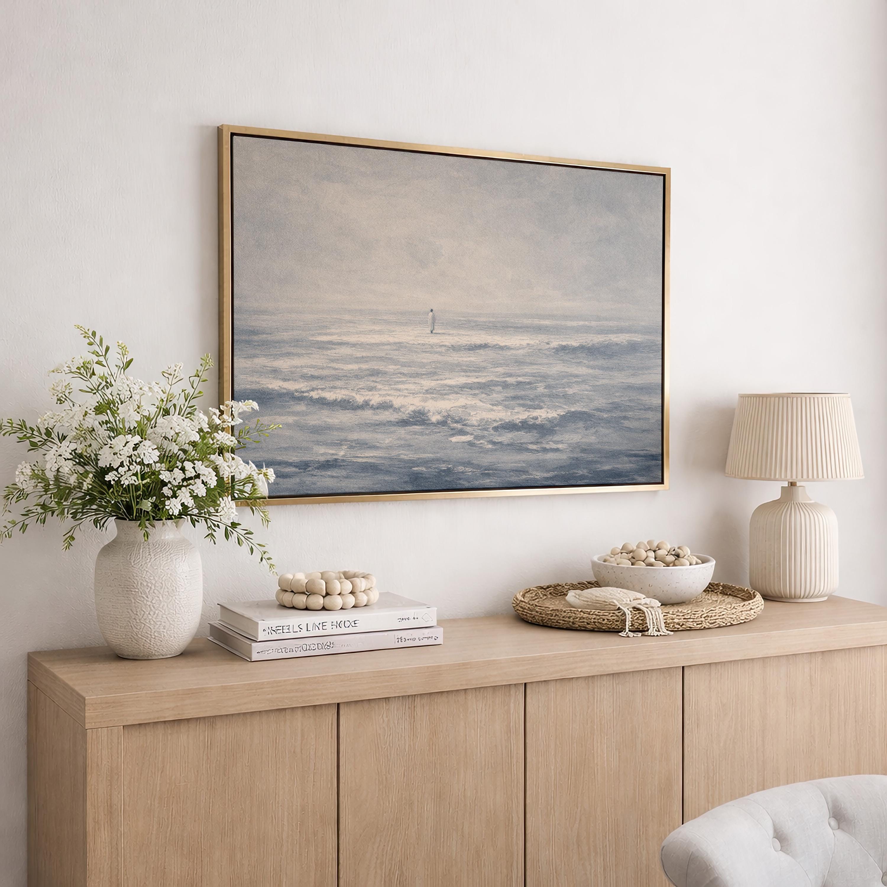 Jesus Walks on Water, Christian Wall Decor, Deep Blue Ocean Art Print, FG441