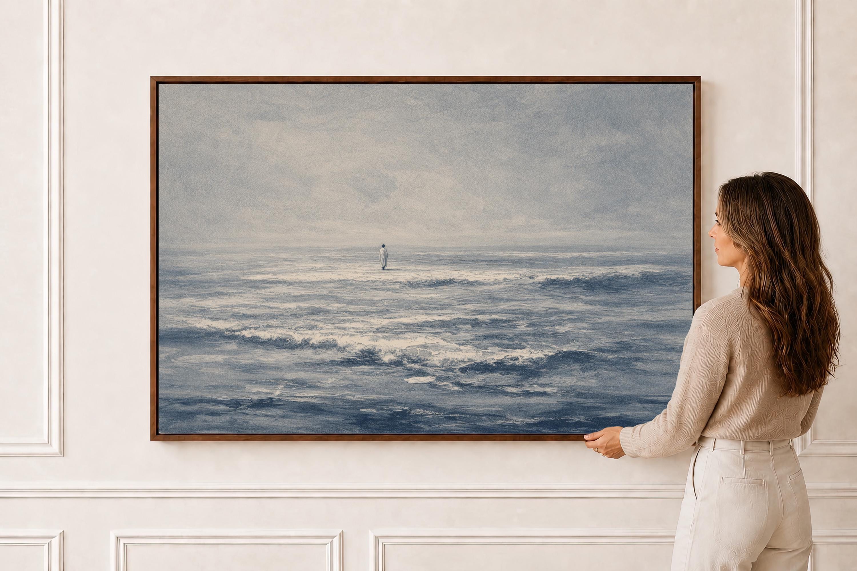 Jesus Walks on Water, Christian Wall Decor, Deep Blue Ocean Art Print, FG441